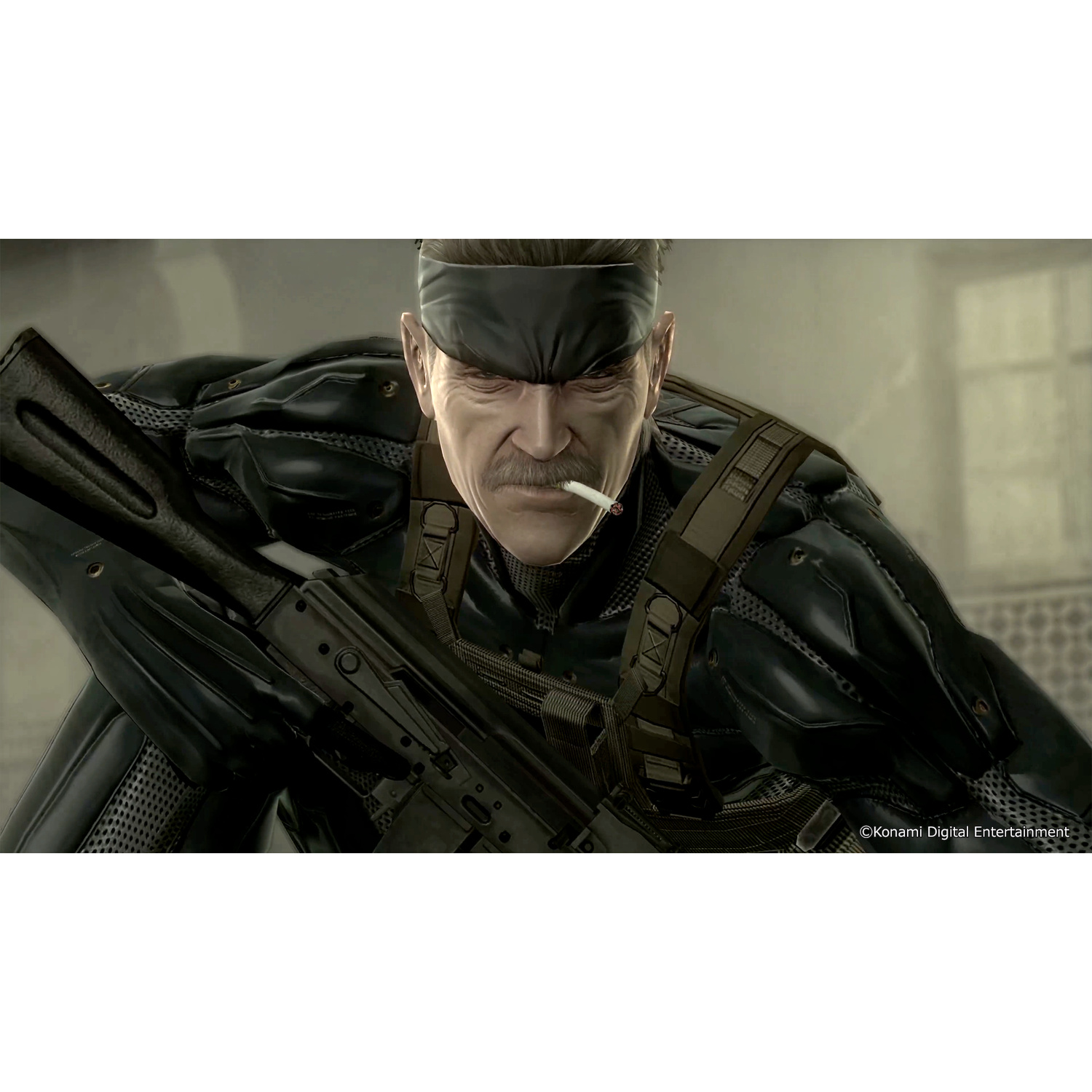 Uomo con bandana e sigaretta, indossa uniforme nera e fucile.