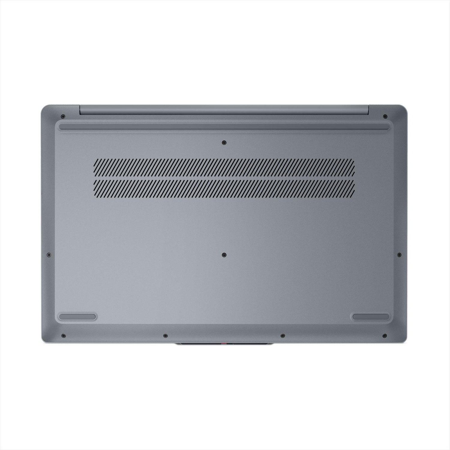 Parte inferiore di un laptop grigio con fessure di ventilazione e viti.