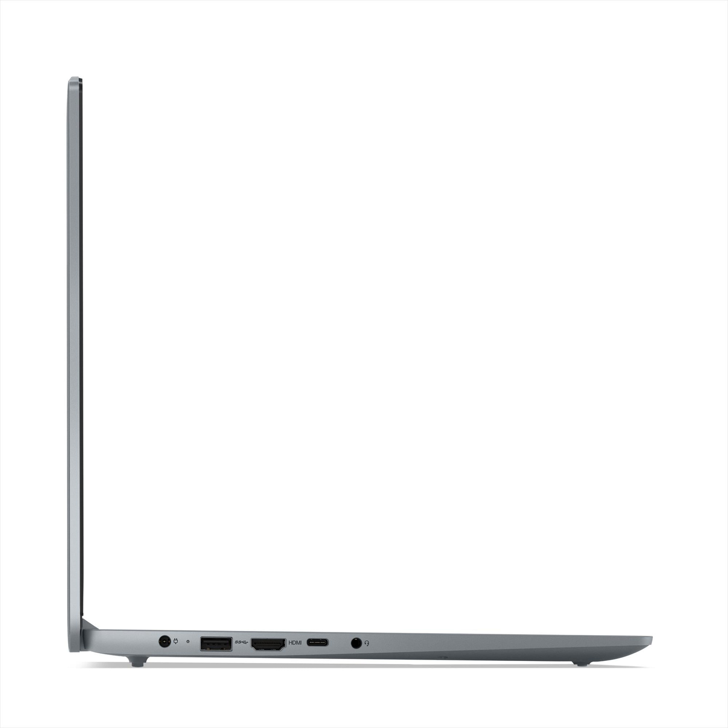 Lato porte del laptop grigio con USB, HDMI, jack cuffie.