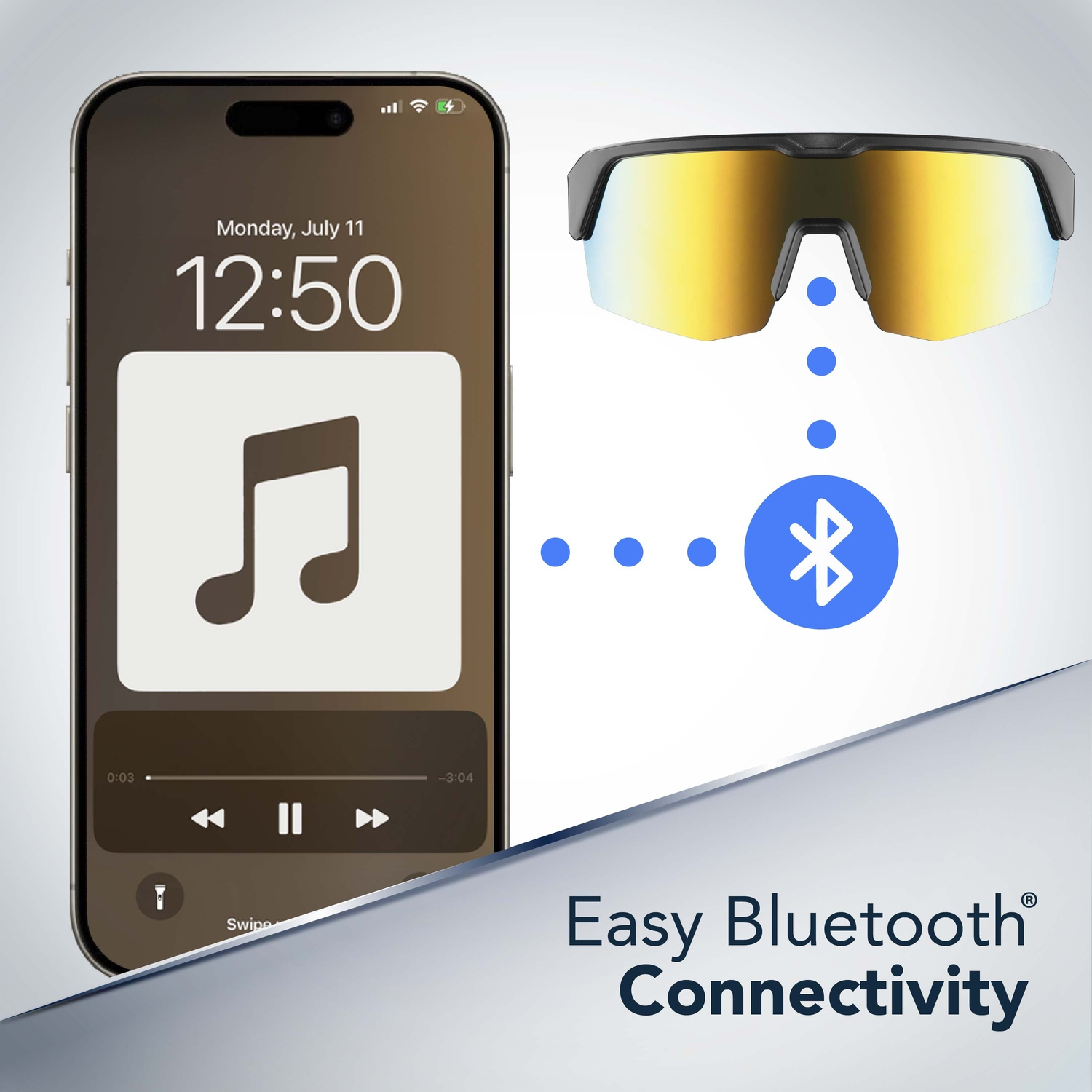 Uno smartphone si connette via Bluetooth a occhiali sportivi alla moda con lenti dorate.