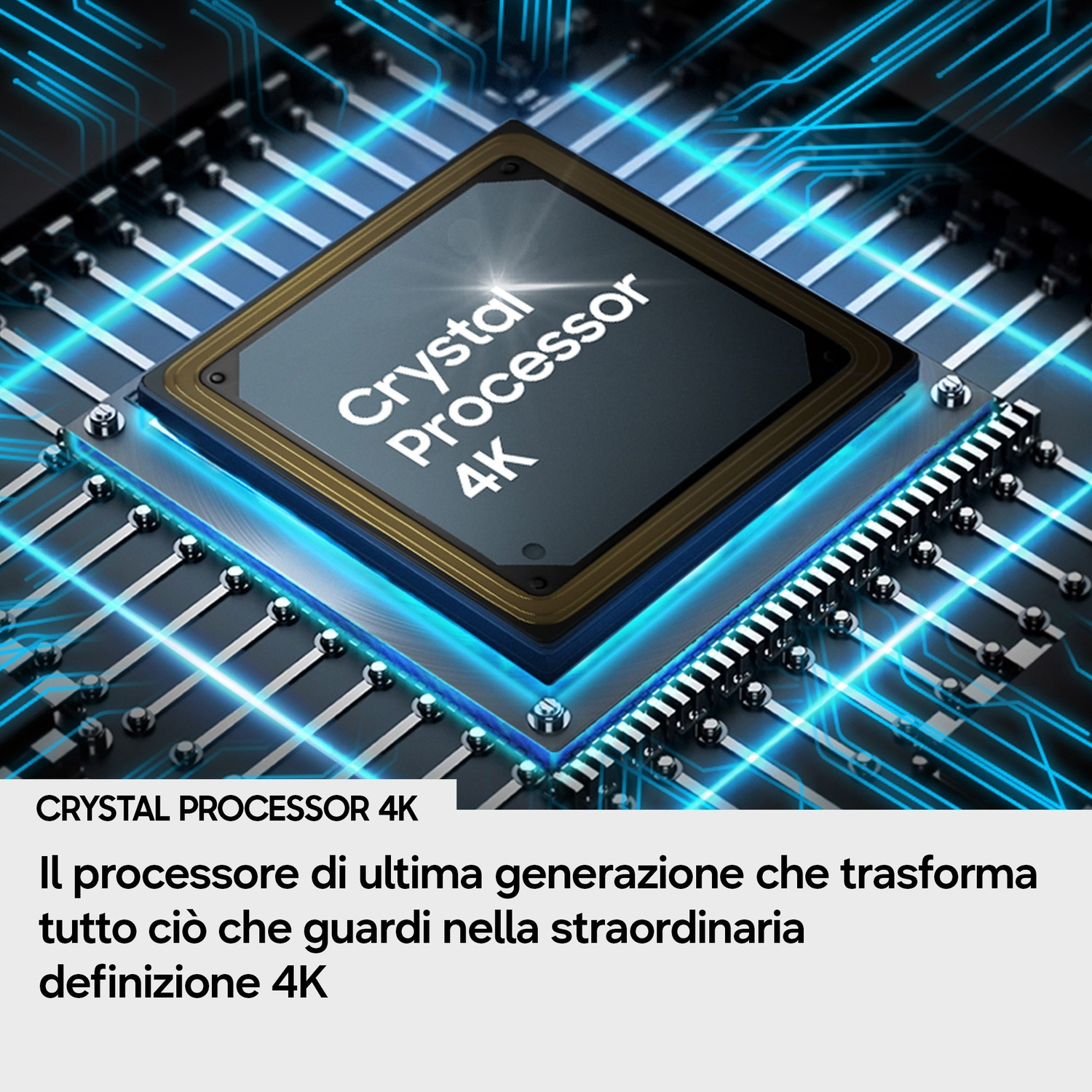 Un chip Crystal Processor 4K su un circuito stampato con effetti di luce blu.