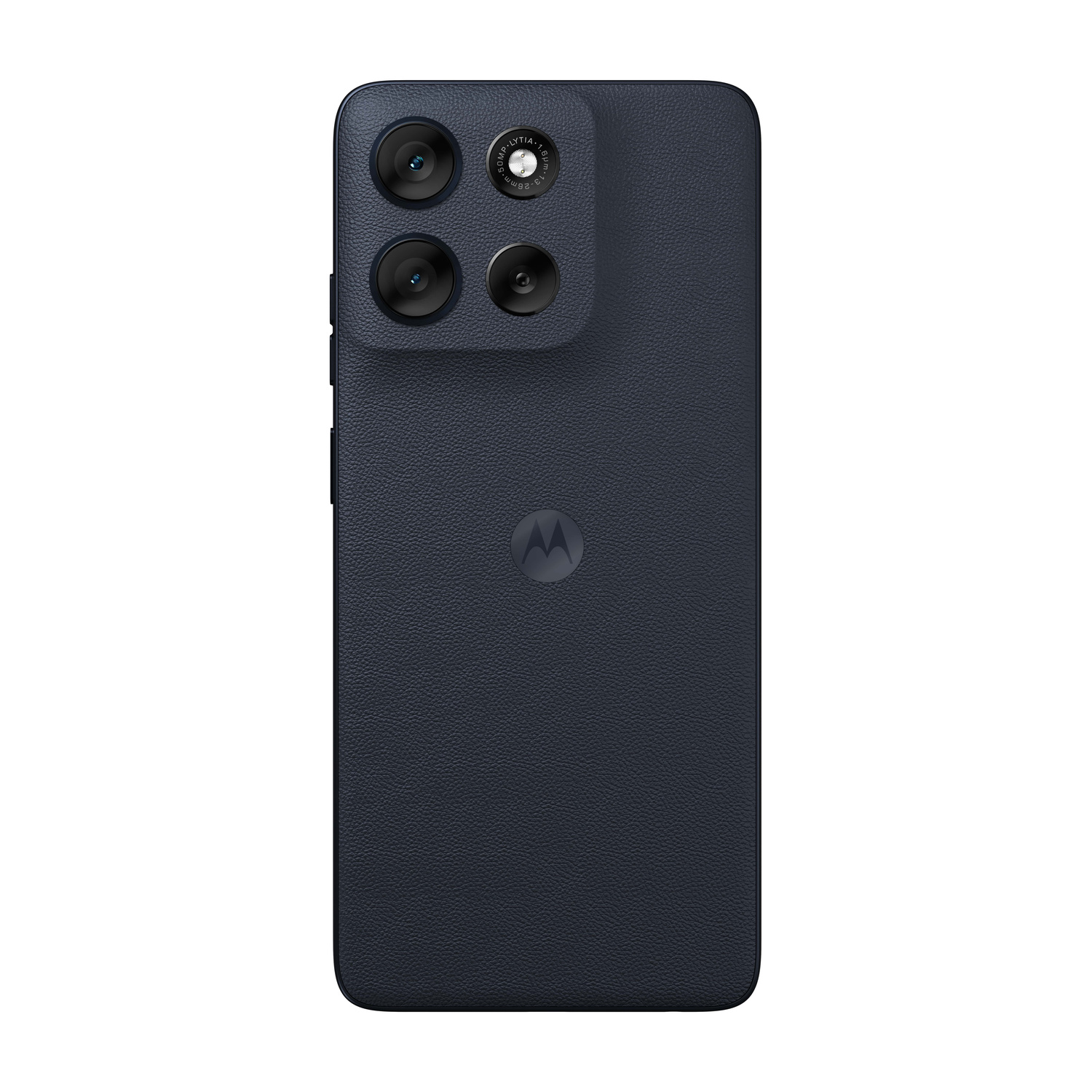 Smartphone blu scuro con quattro fotocamere e logo Motorola sul retro.
