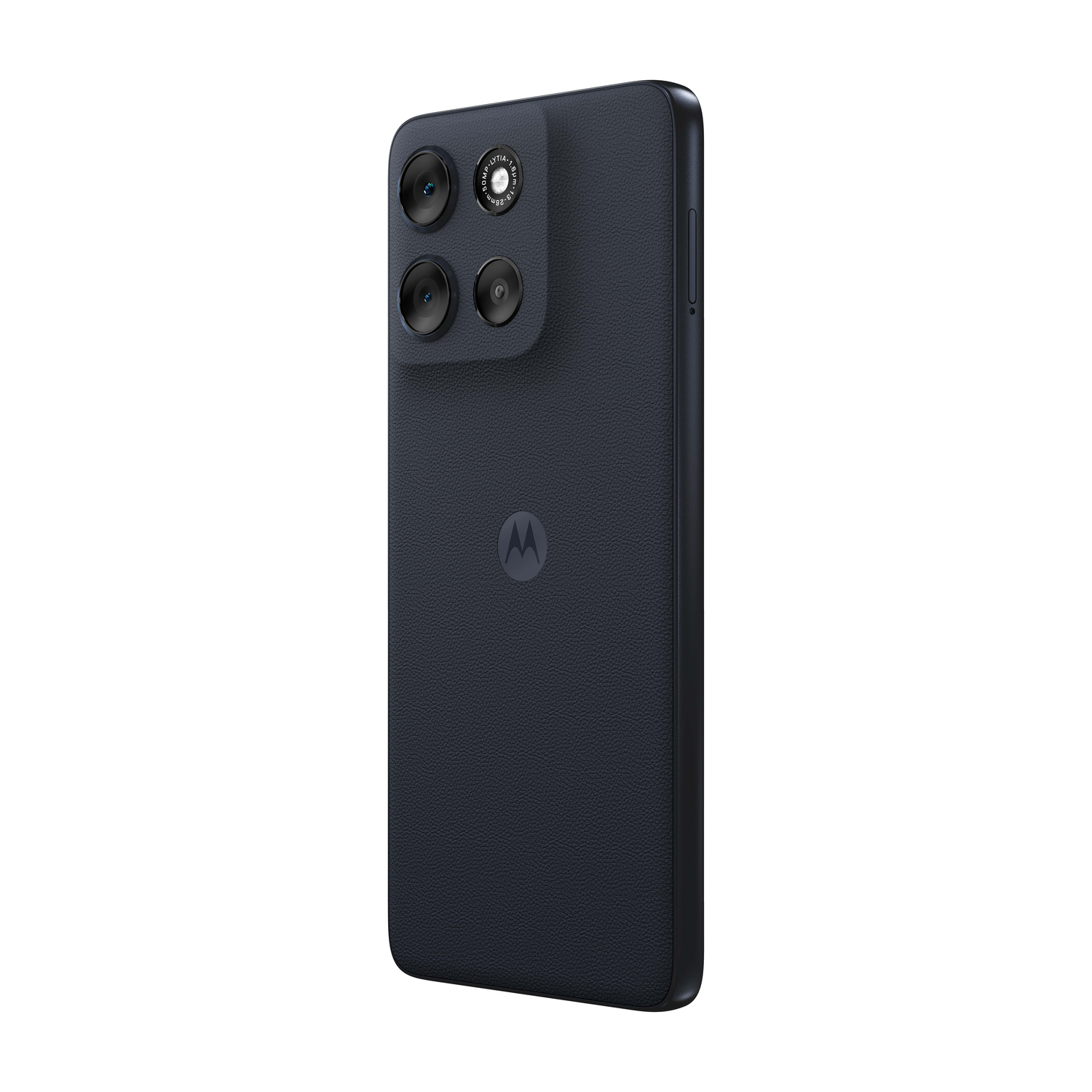Smartphone blu scuro con tre fotocamere posteriori e logo Motorola.
