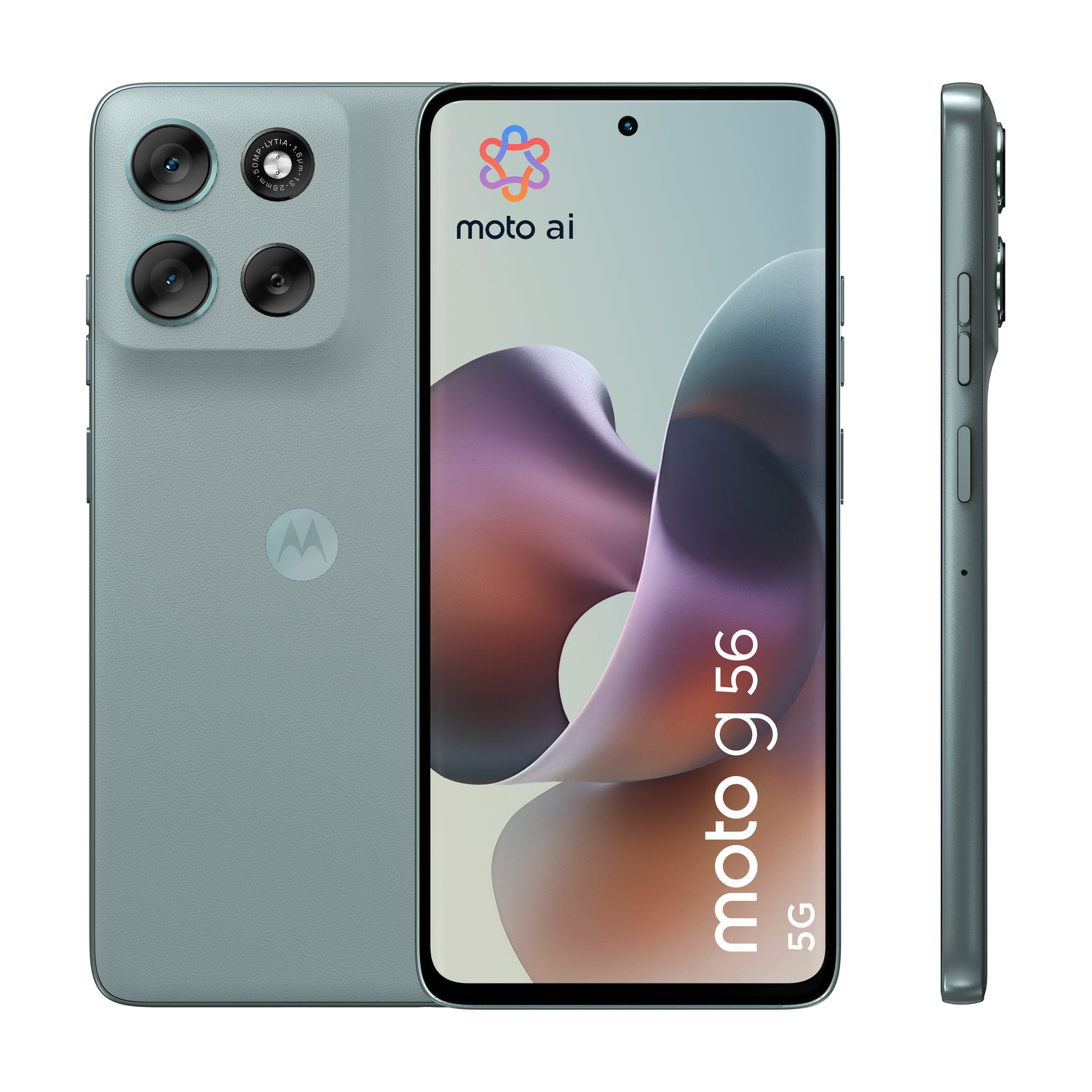 Uno smartphone Motorola Moto G 5G verde chiaro mostrato di fronte, di retro e di lato.
