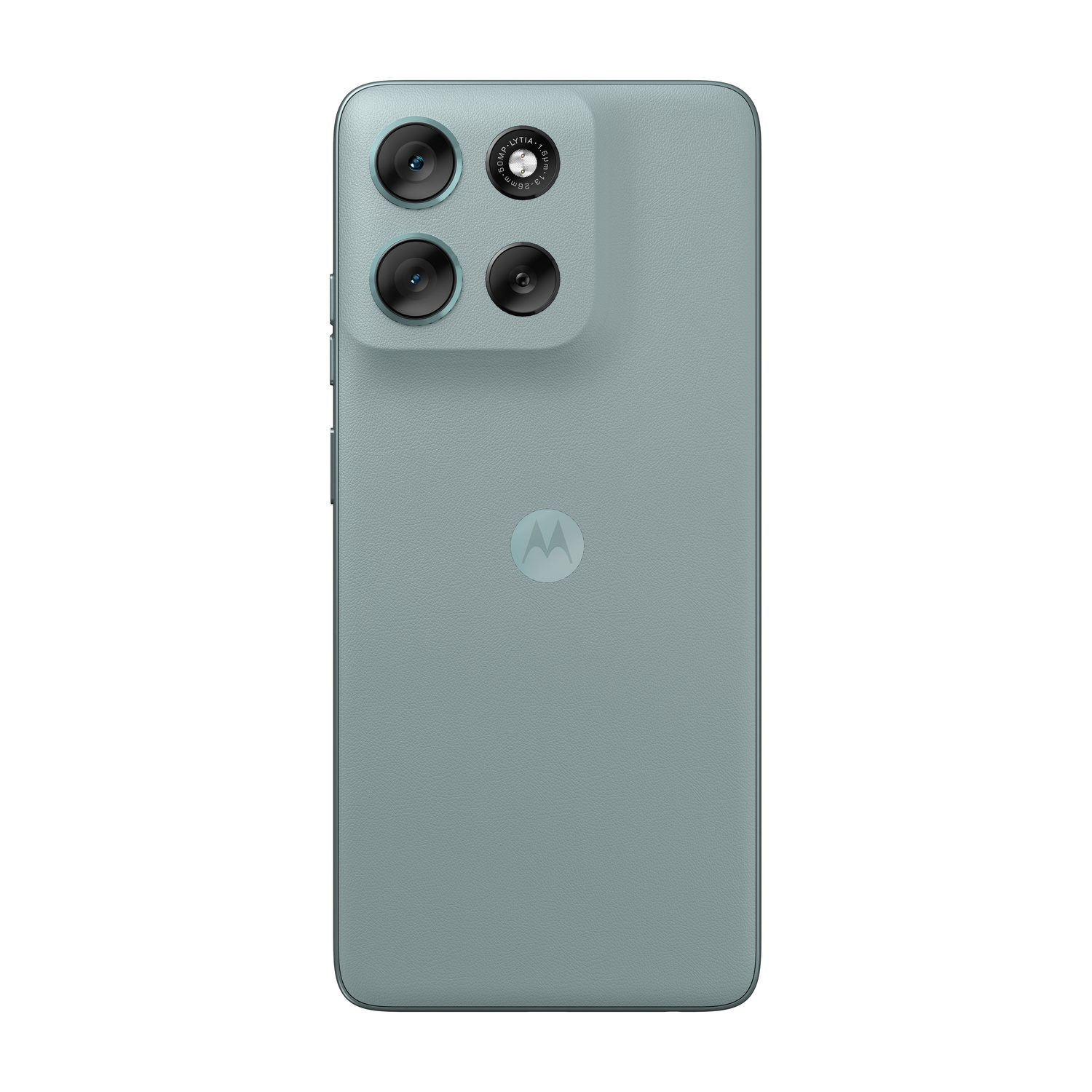 Retro di uno smartphone verde acqua con tre fotocamere e logo Motorola.