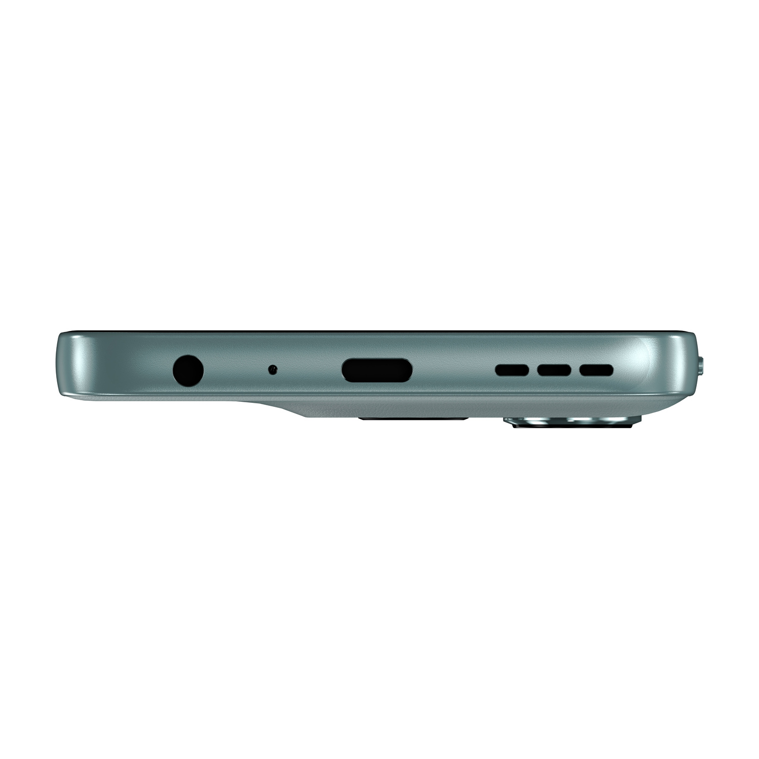Vista inferiore di uno smartphone verde acqua con jack per cuffie, porta USB-C e griglia dell'altoparlante.