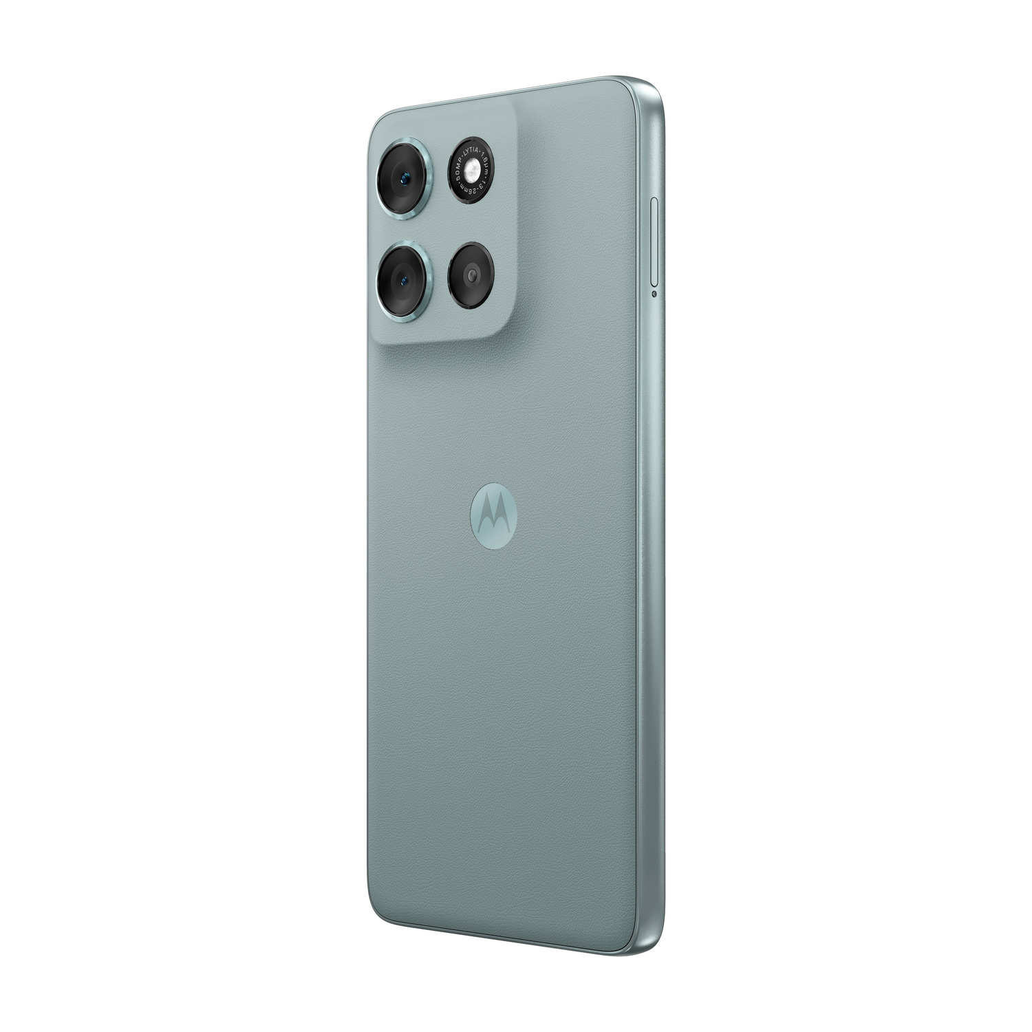 Retro di uno smartphone verde pallido con tre fotocamere e logo Motorola.