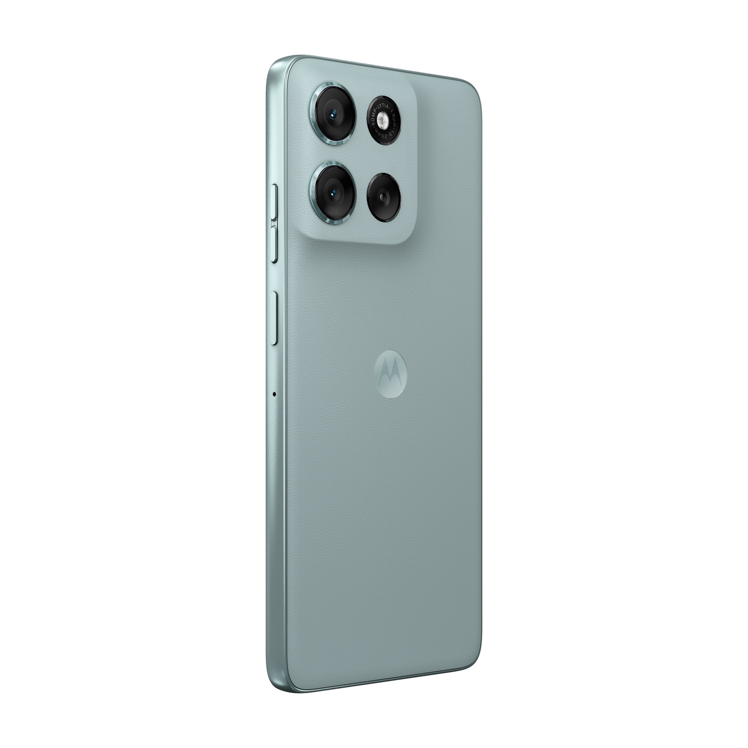 Vista posteriore di uno smartphone blu chiaro con tre fotocamere e logo Motorola.