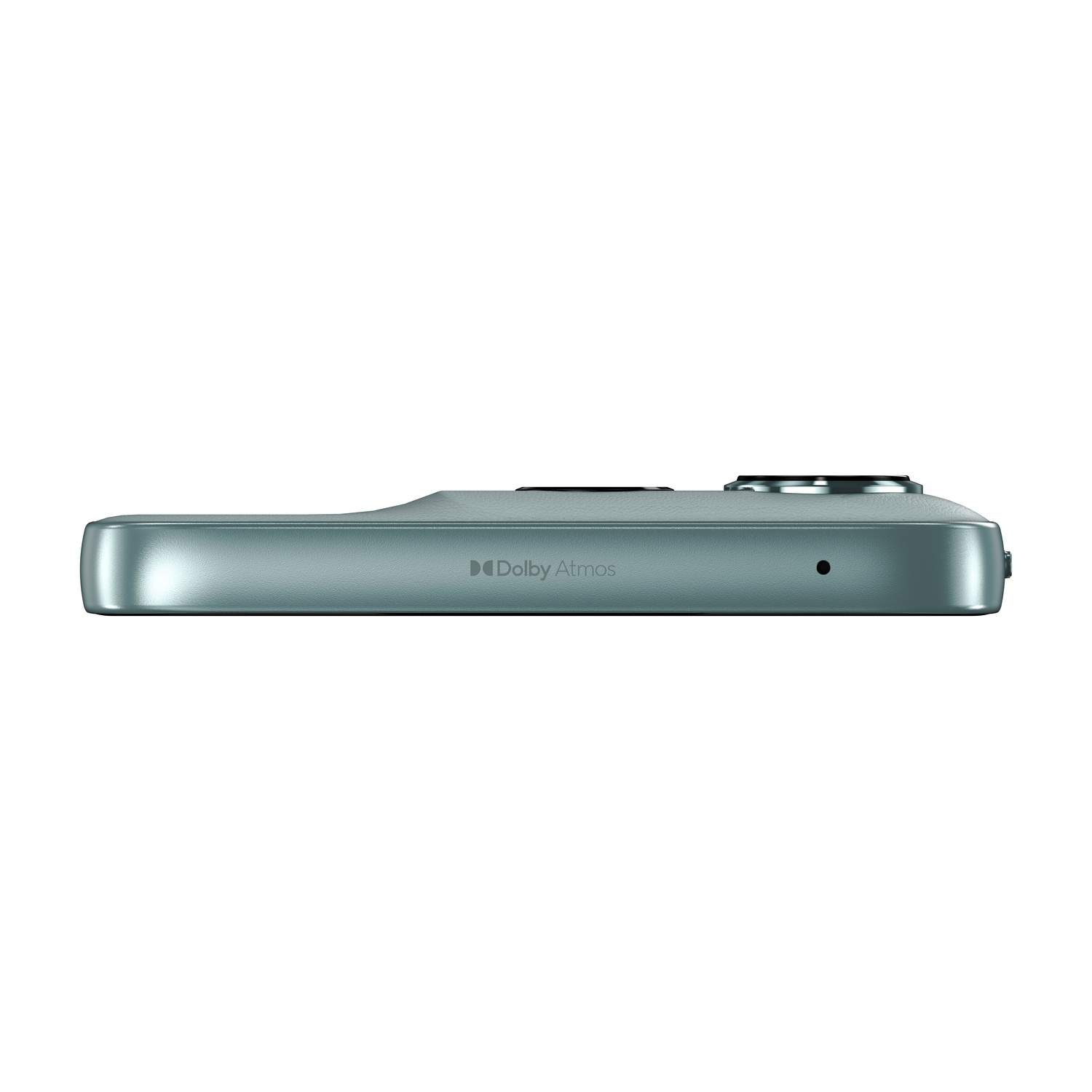 Lato di uno smartphone verde acqua con logo Dolby Atmos e ingresso microfono.