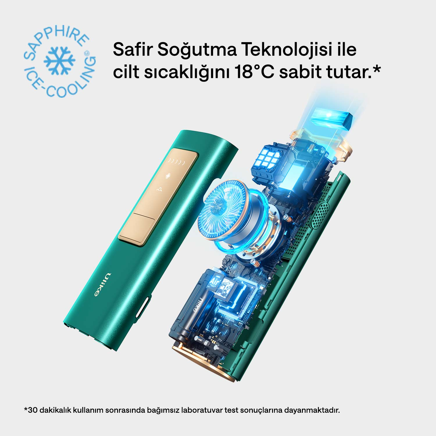 Kesit görünümü, soğutma bileşenlerine sahip yeşil bir cihazın iç teknolojisini gösteriyor.
