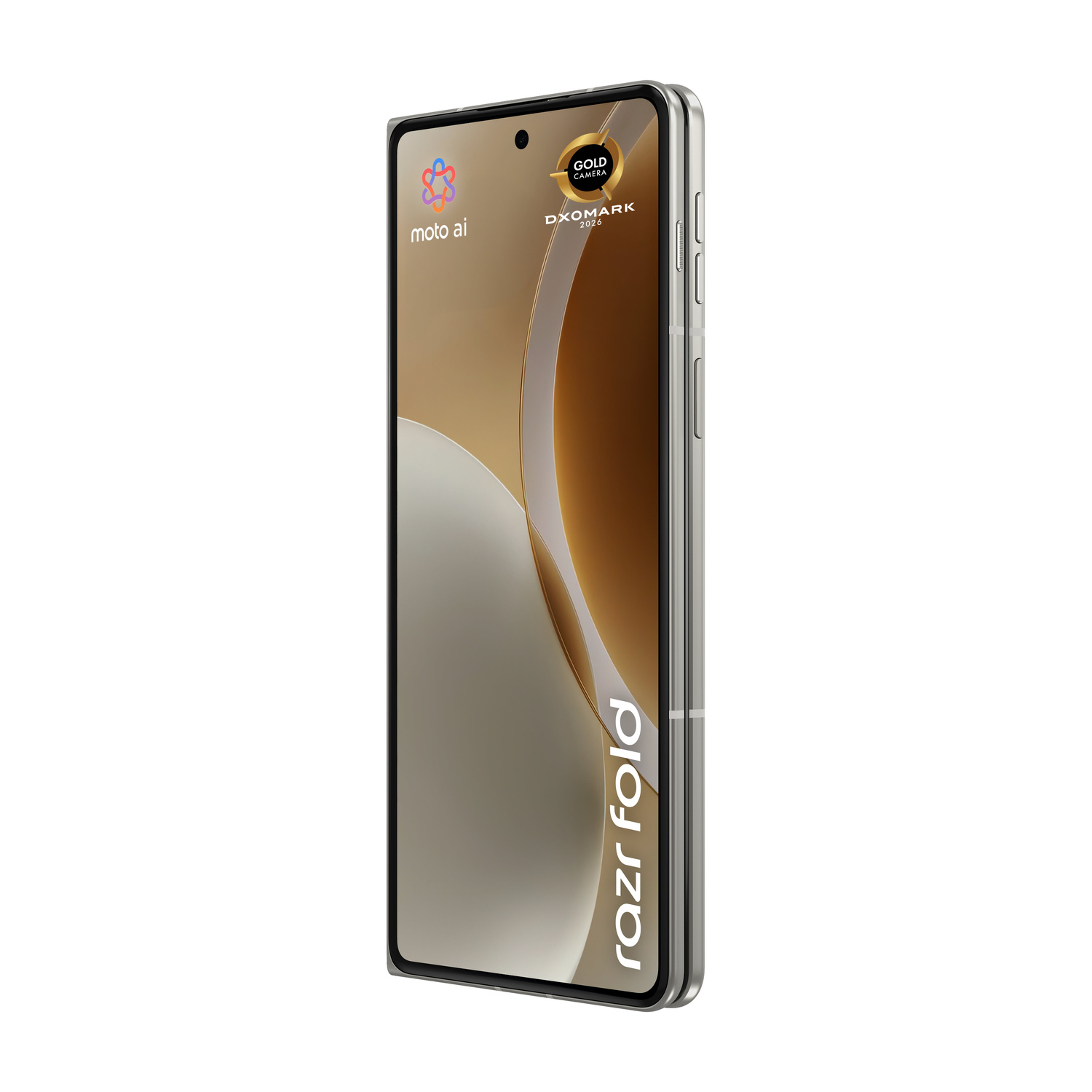 Uno smartphone Motorola Razr Fold argentato chiuso con sigillo dorato fotocamera.