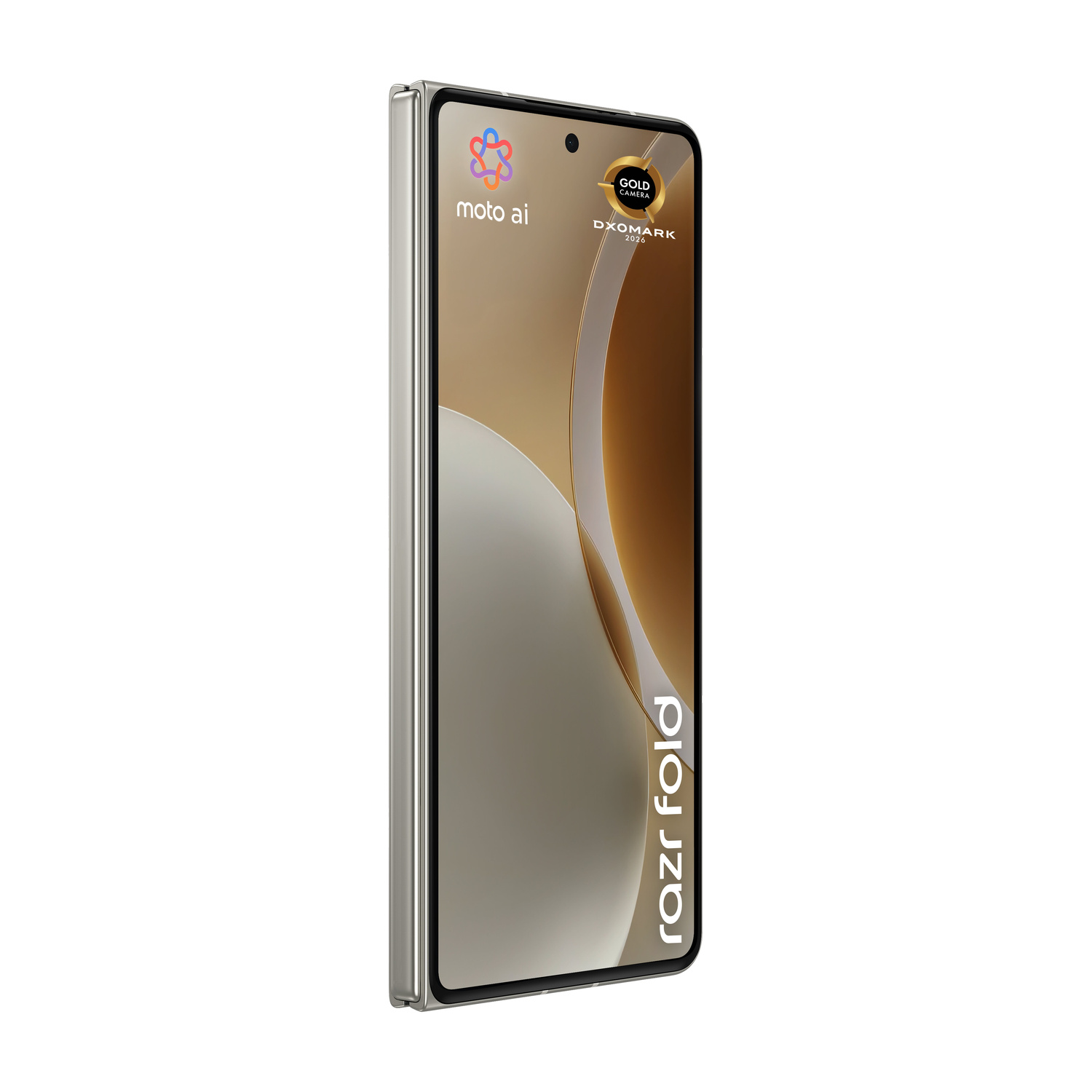 Uno smartphone Motorola Razr Fold argentato chiuso con il logo Moto AI.