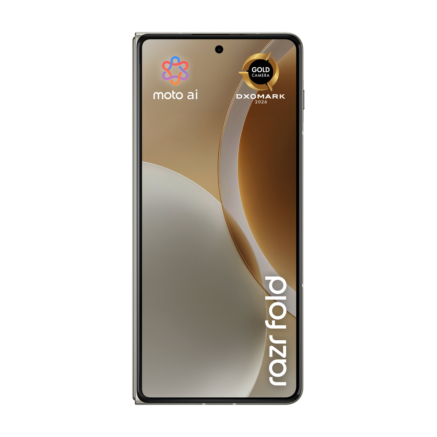 Un Motorola Razr Fold chiuso con il logo Moto AI e il sigillo DXOMARK.