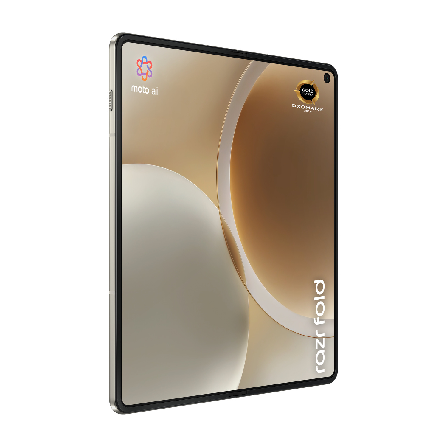 Un Motorola RAZR pieghevole dorato con loghi 'moto ai' e 'DXOMARK'.