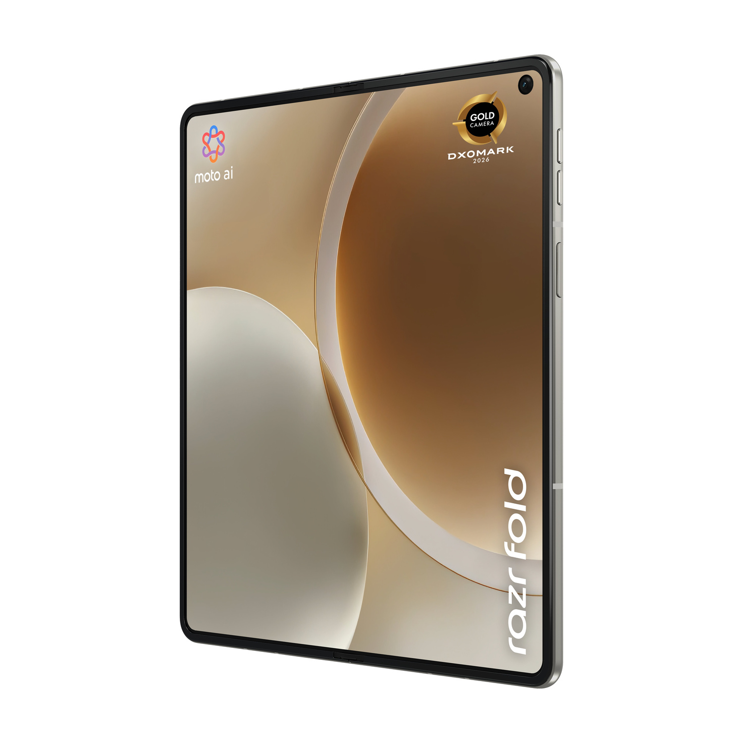 Uno smartphone Motorola Razr Fold argentato con premio Gold Camera.