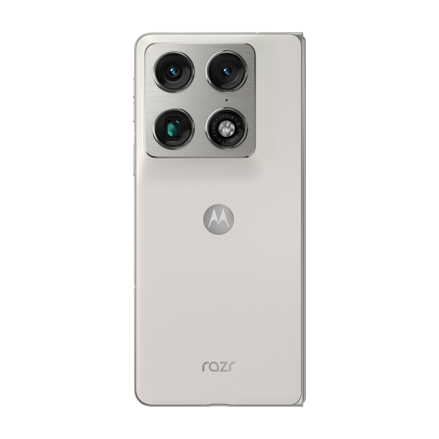 Retro di un telefono Motorola Razr bianco con quattro fotocamere e logo Motorola.