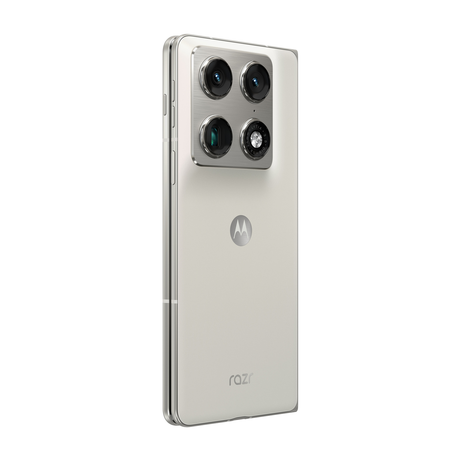 Uno smartphone Motorola Razr bianco con configurazione quad-camera posteriore.