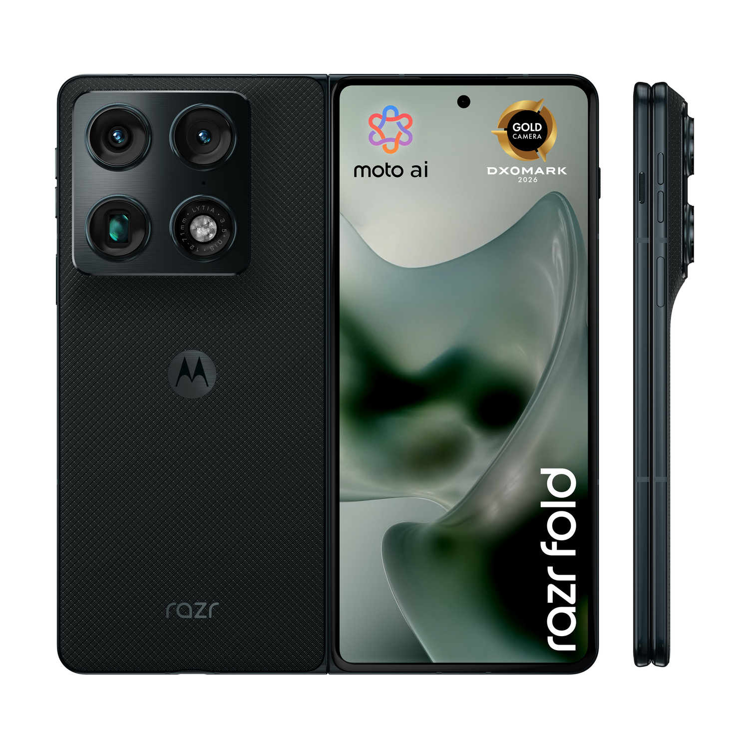 Un telefono Motorola Razr pieghevole nero, mostrato aperto e chiuso, con modulo fotocamera.
