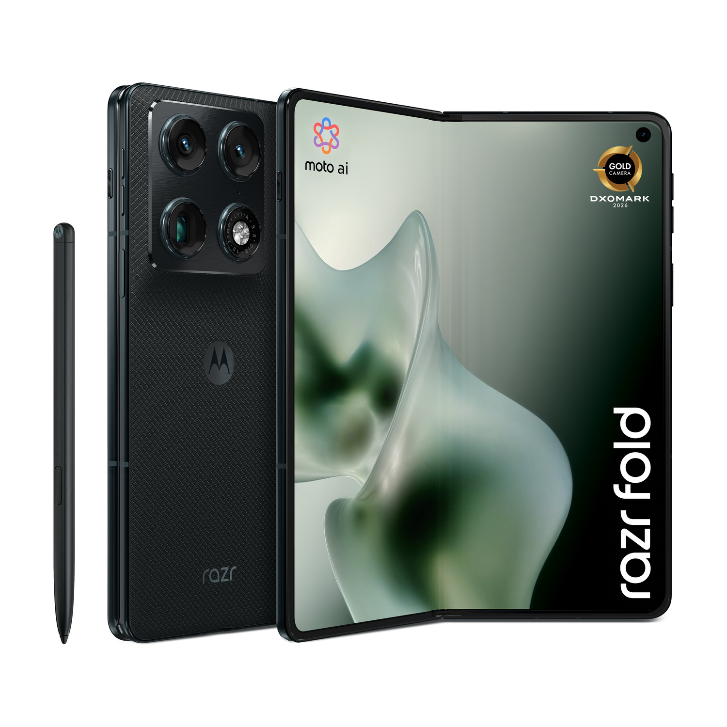 Un telefono Motorola Razr pieghevole nero con uno stilo accanto. Aperto e chiuso.
