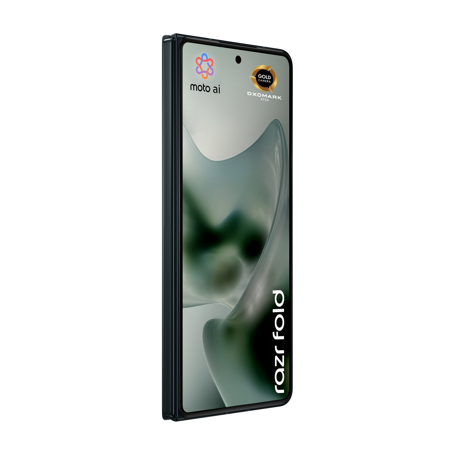 Uno smartphone pieghevole chiuso con testo "moto ai" e "razr fold".