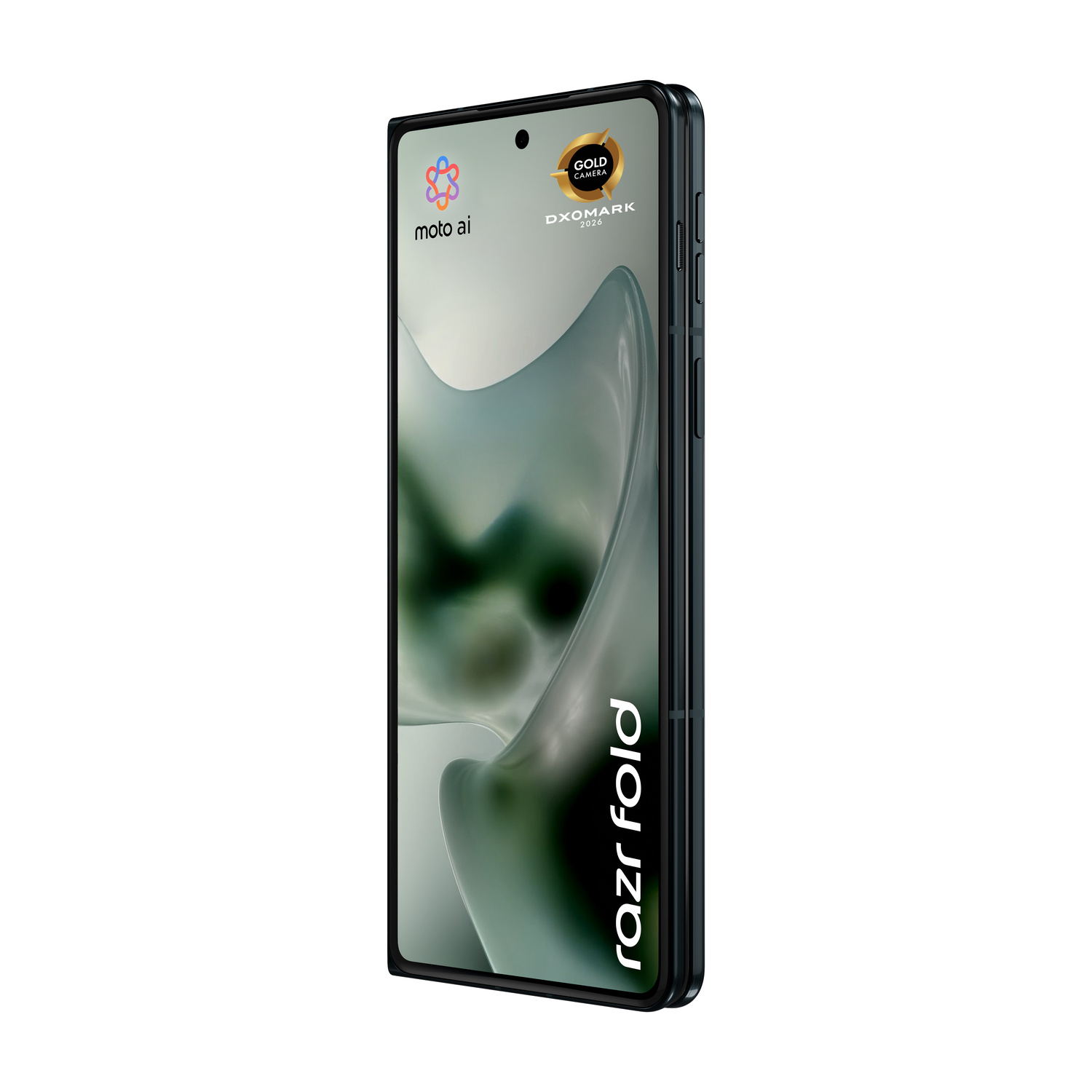 Un Motorola Razr Fold chiuso con logo Moto AI e sigillo Gold Camera DXOMARK.