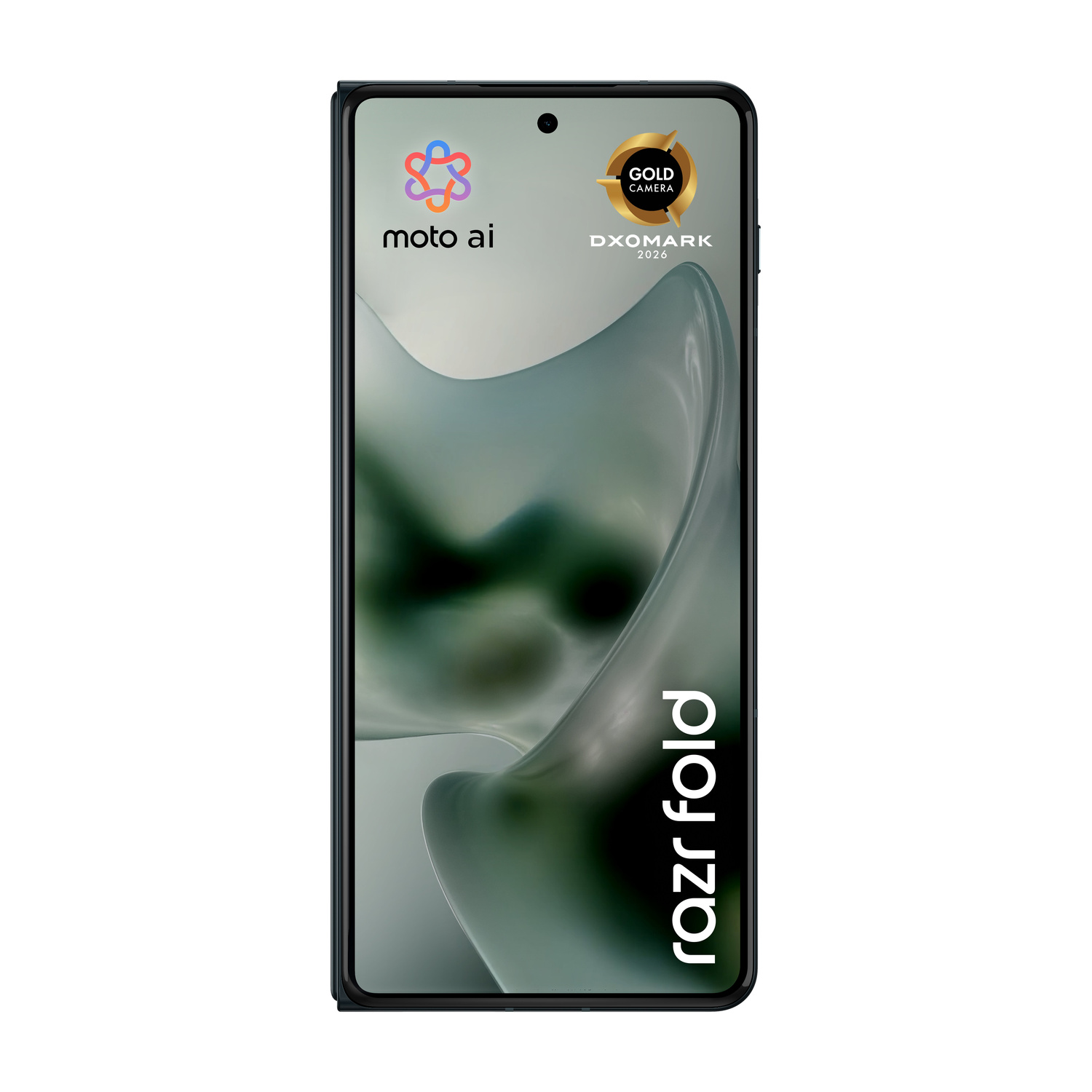 Uno smartphone Motorola Razr Fold chiuso che mostra i loghi "moto ai" e "DXOMARK".