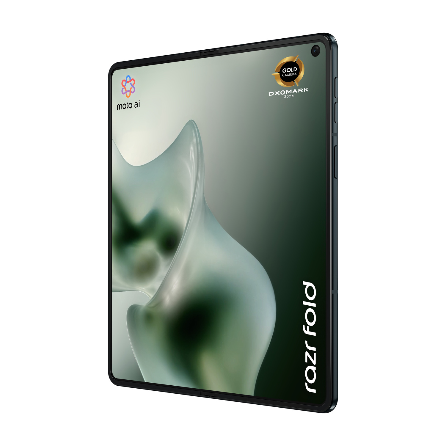 Un telefono Razr Fold blu scuro verticale con i loghi Moto AI e DXOMARK.