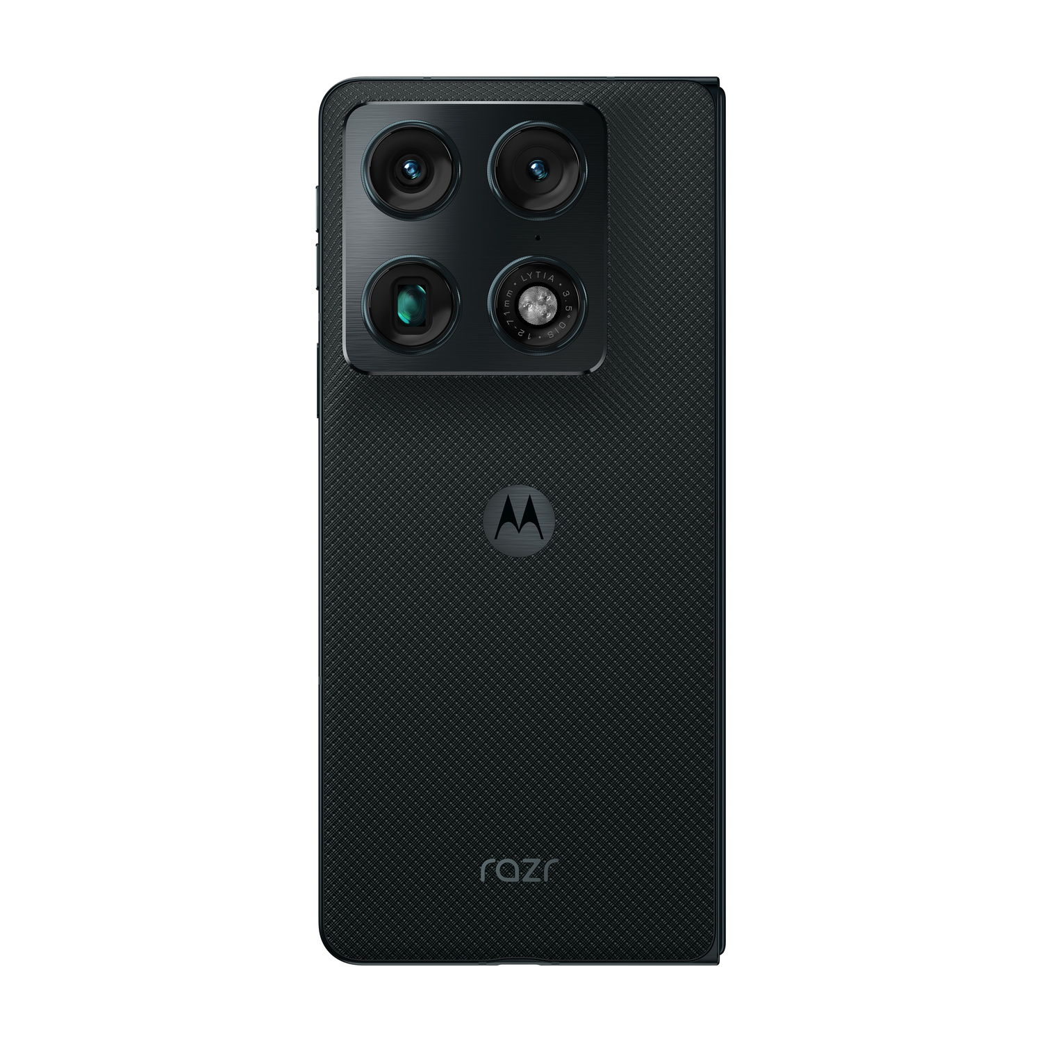 Retro di un telefono Motorola Razr nero con quattro fotocamere e logo.