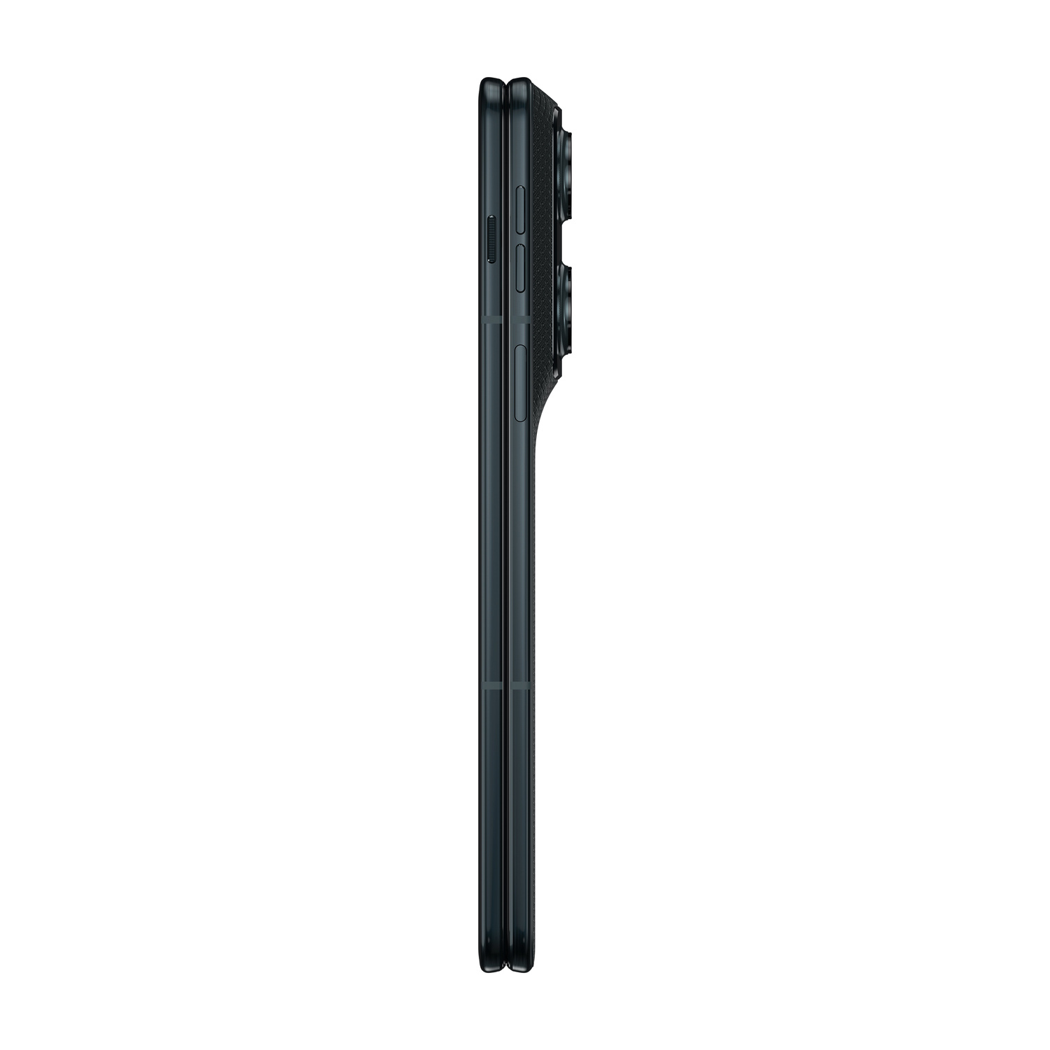Smartphone grigio scuro di profilo, con gruppo fotocamere sul lato destro.