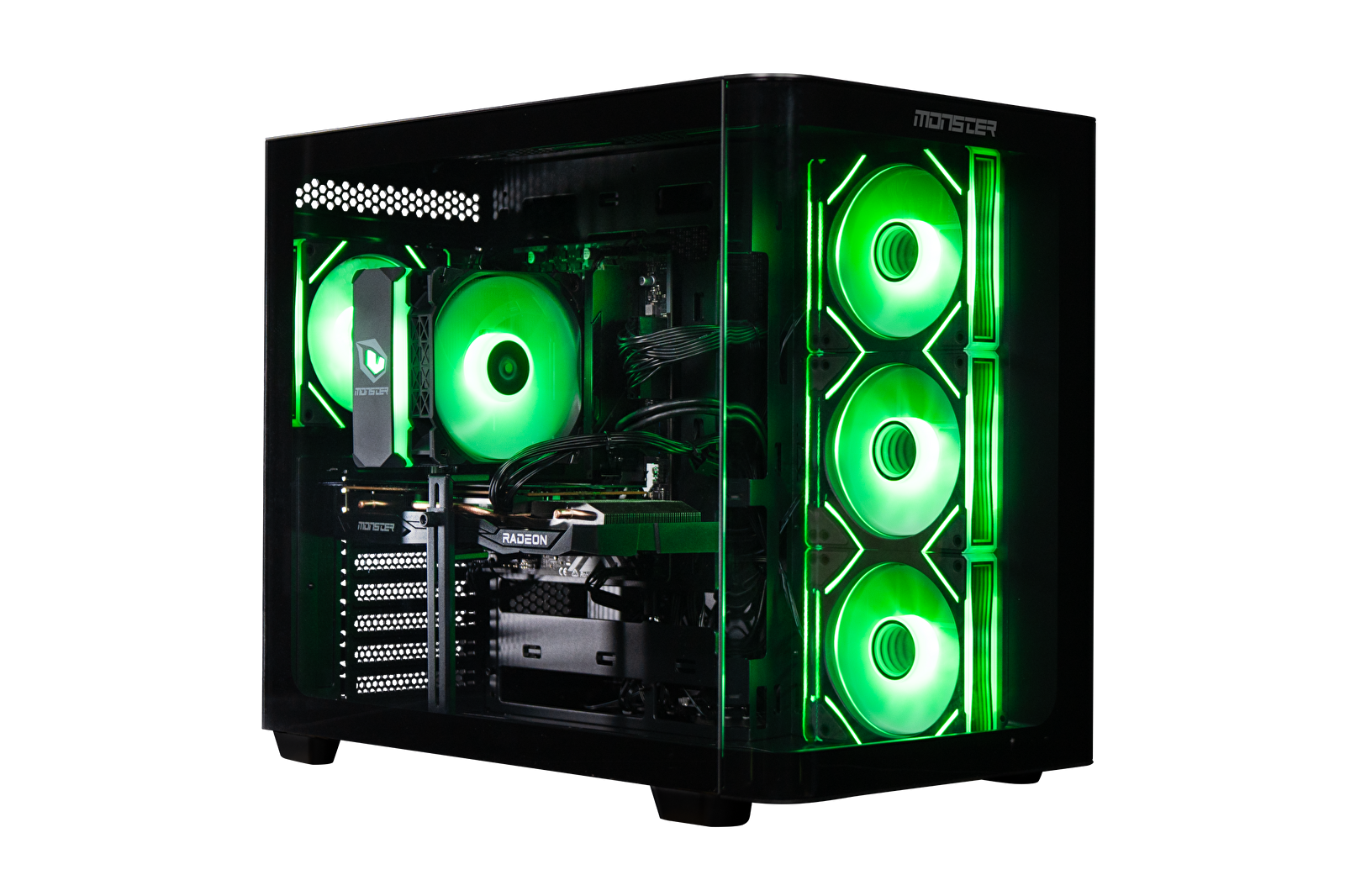 Şeffaf yan panele ve yeşil LED fanlara sahip bir PC kasası.