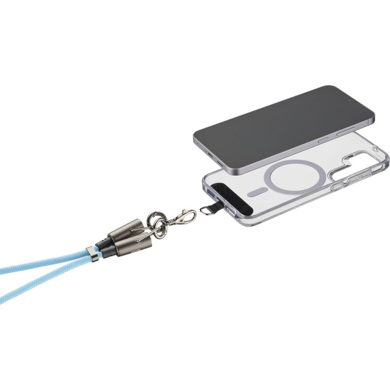 Eine silberne Handyhülle mit blauer Lanyard ist an einem dunklen Handy befestigt.