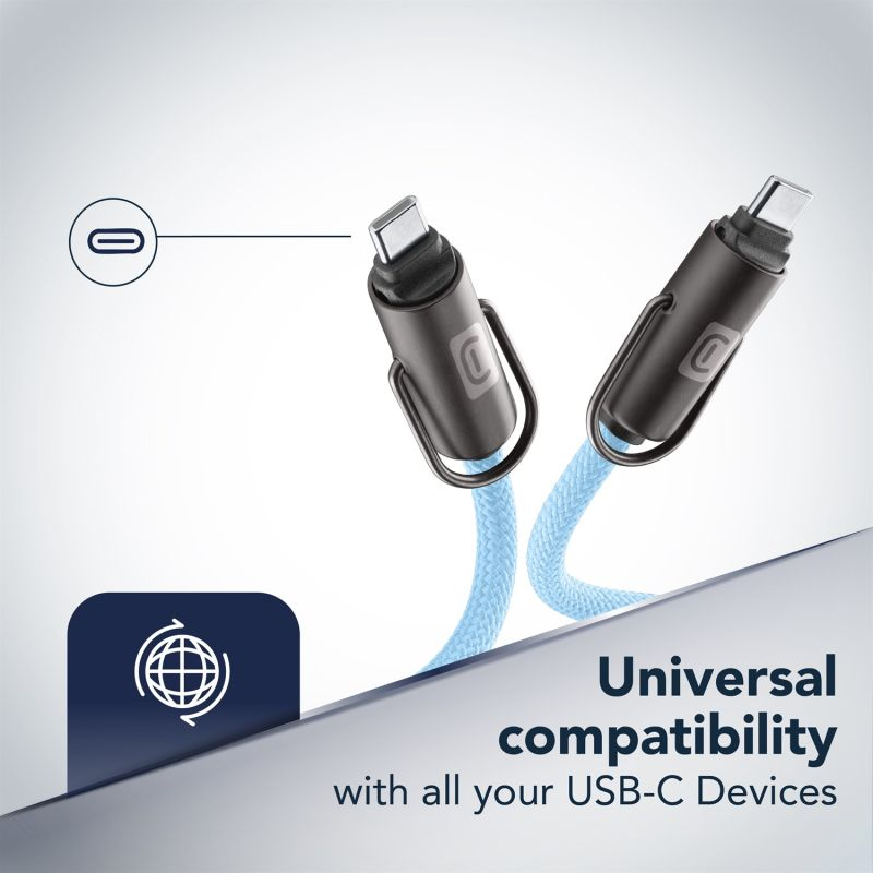 Ein hellblaues USB-C-Kabel mit zwei Anschlüssen, das universelle Kompatibilität anzeigt.