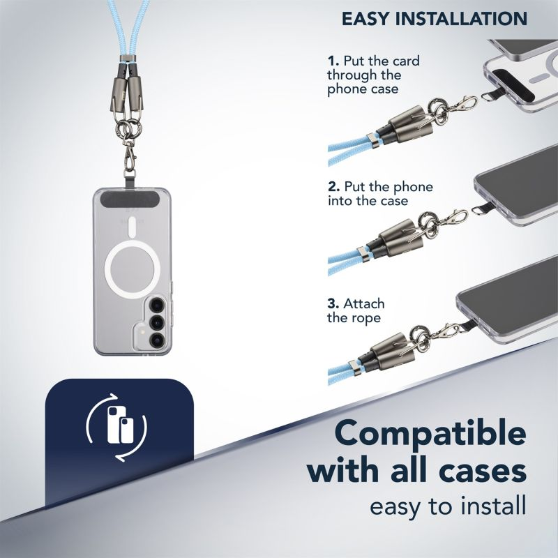 Anleitung für Handy-Lanyard: Karte in Hülle, Handy in Hülle, Seil befestigen. Kompatibel mit allen Hüllen.