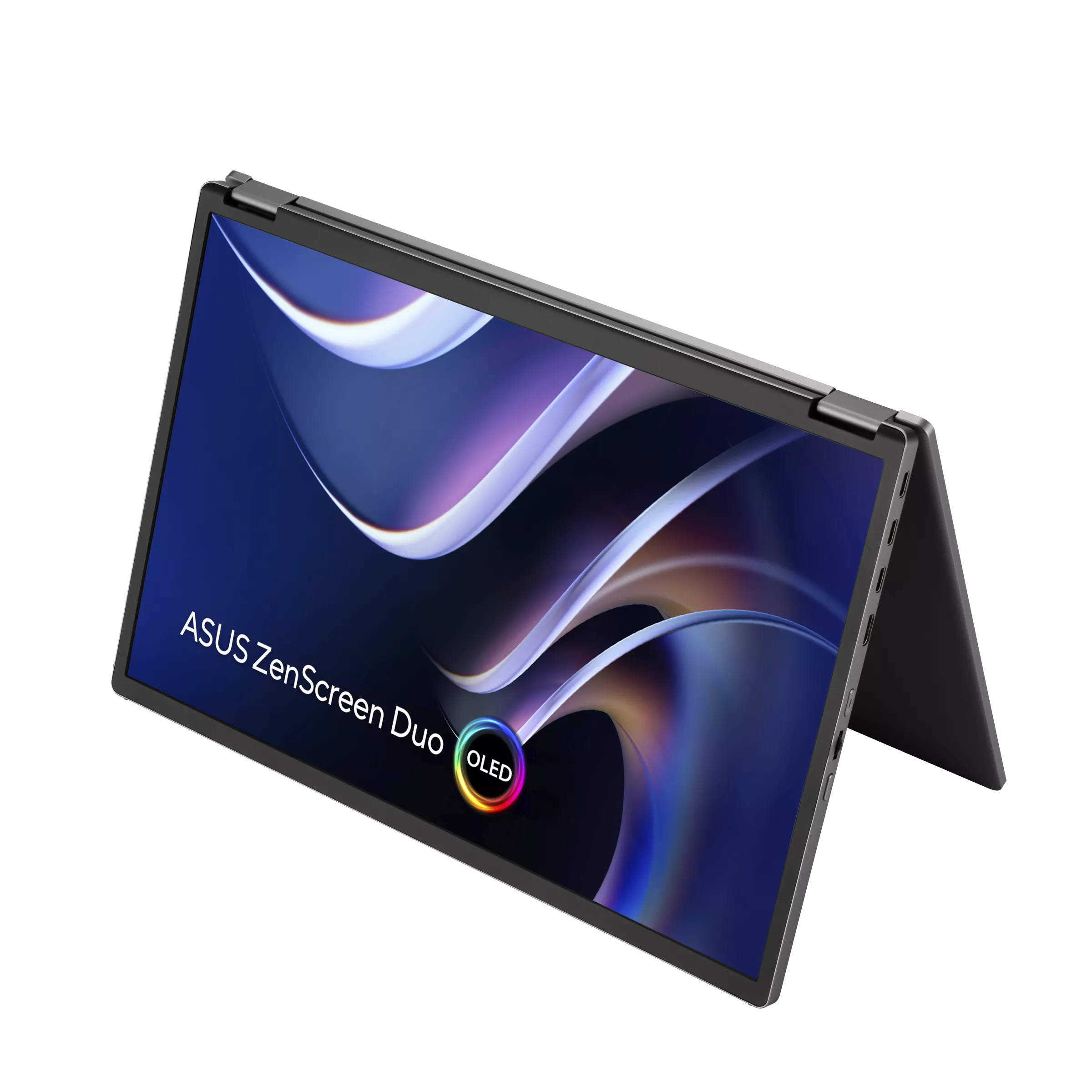 Egy nyitott Asus ZenScreen Duo OLED laptop sötét háttér előtt.