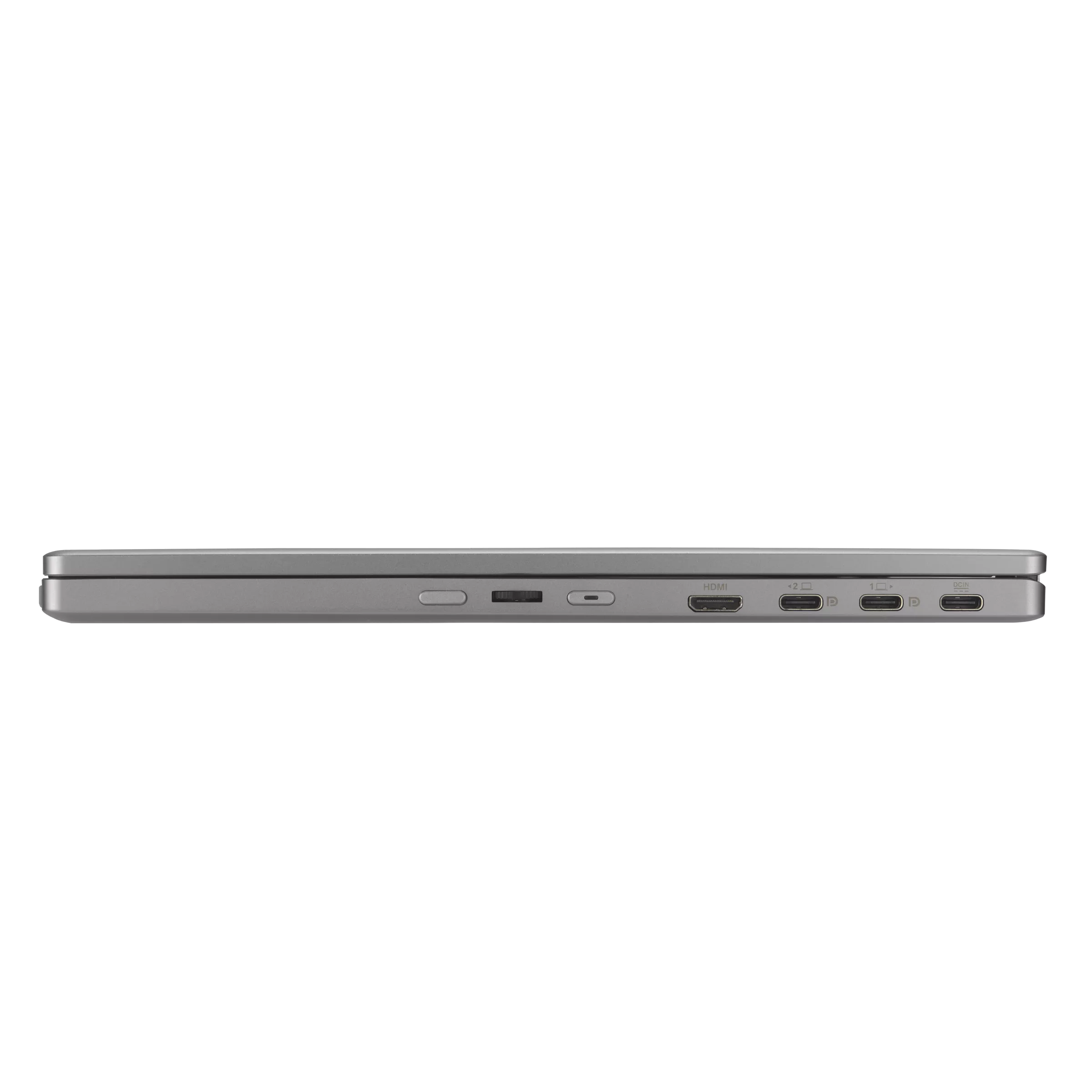 Ezüst laptop portjainak közelképe: USB-C, HDMI és tápcsatlakozó.