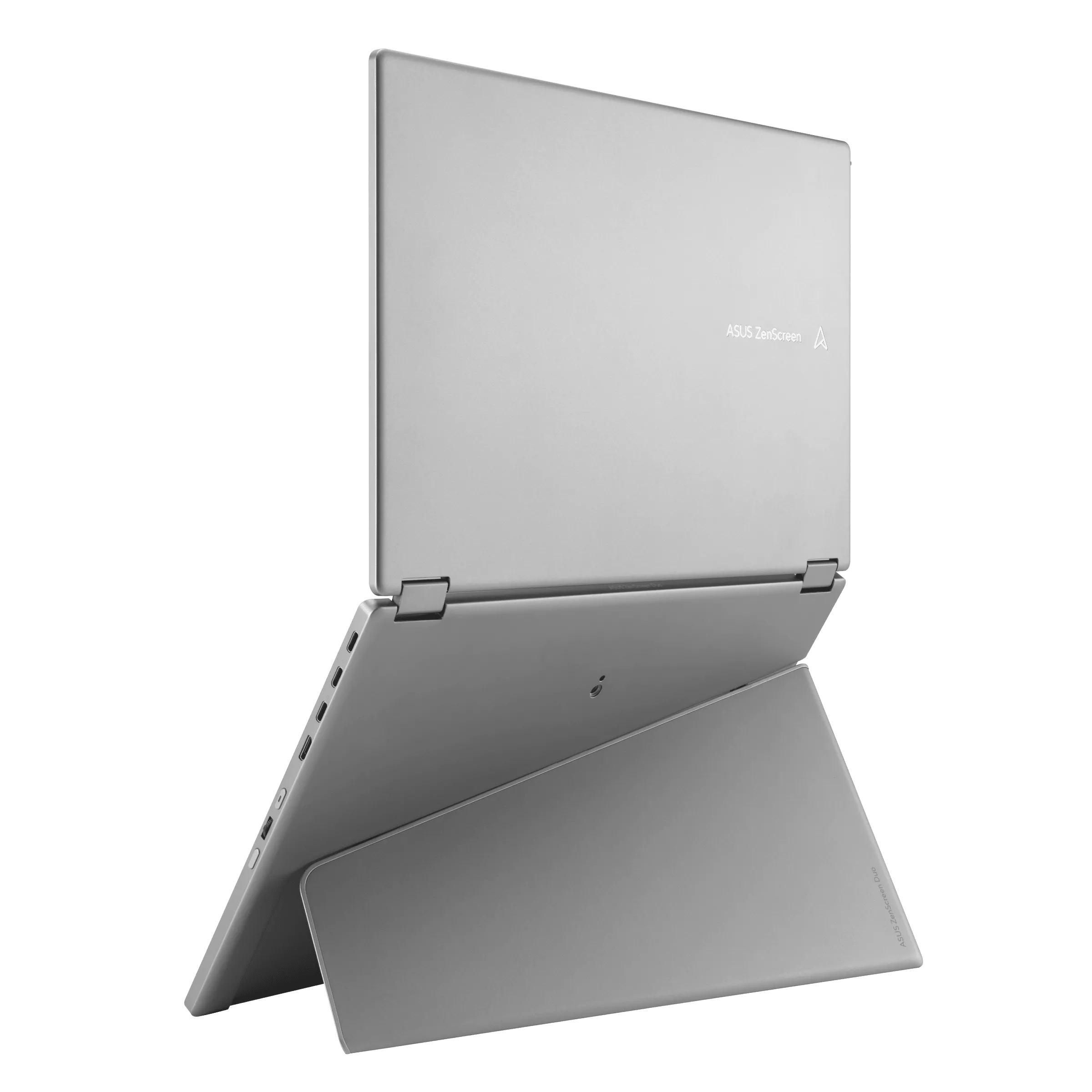 Ezüst laptop kinyitott támasztékkal, fekete háttéren.