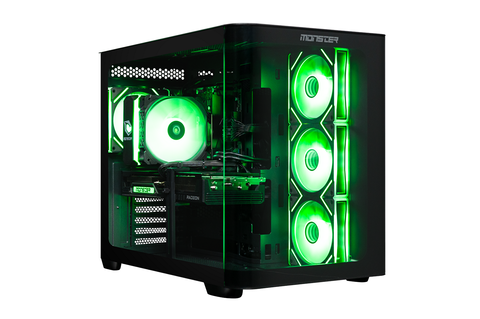 Yeşil LED aydınlatmalı ve görünür fanları olan siyah PC kasası.