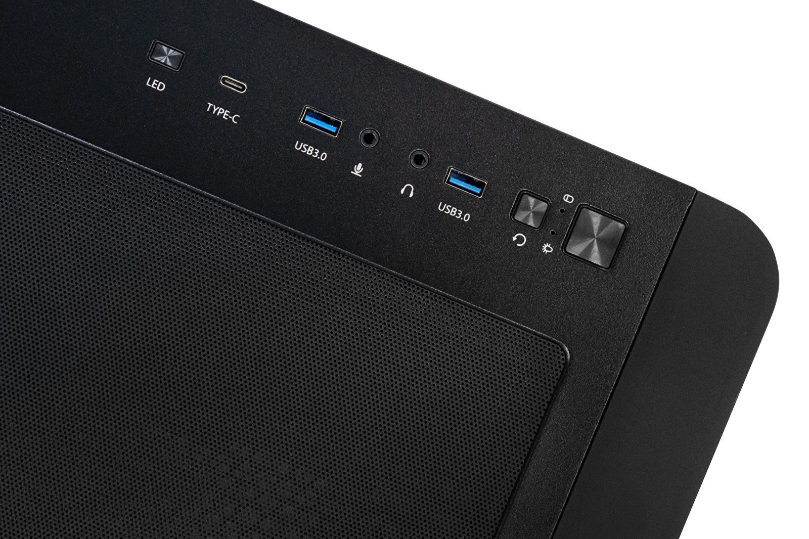 Siyah bilgisayar kasası ön paneli LED, USB-C, USB 3.0, ses jakları, güç/sıfırlama düğmeleri.