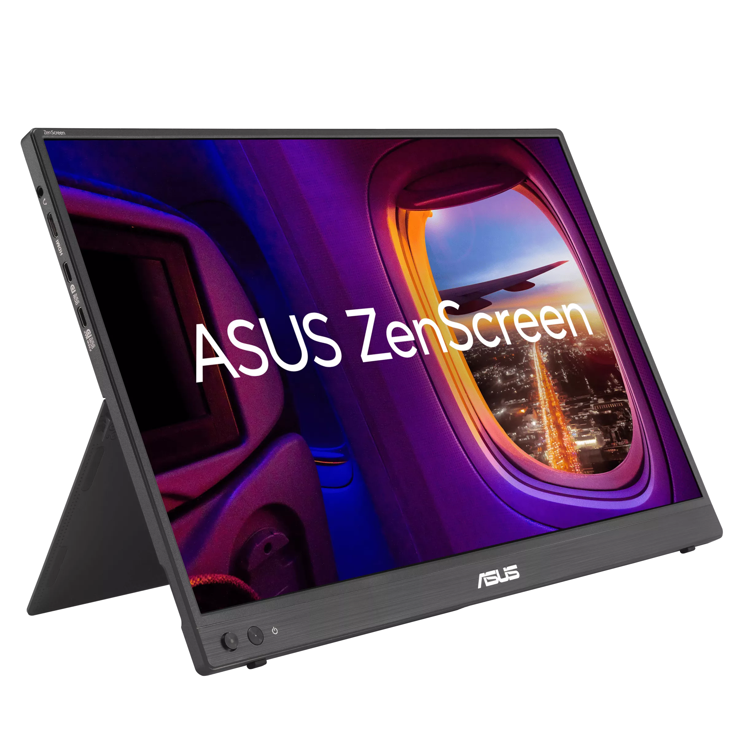 Egy ASUS ZenScreen monitor állványon, amely egy repülőgép ablakának képét mutatja egy éjszakai városra nézve.