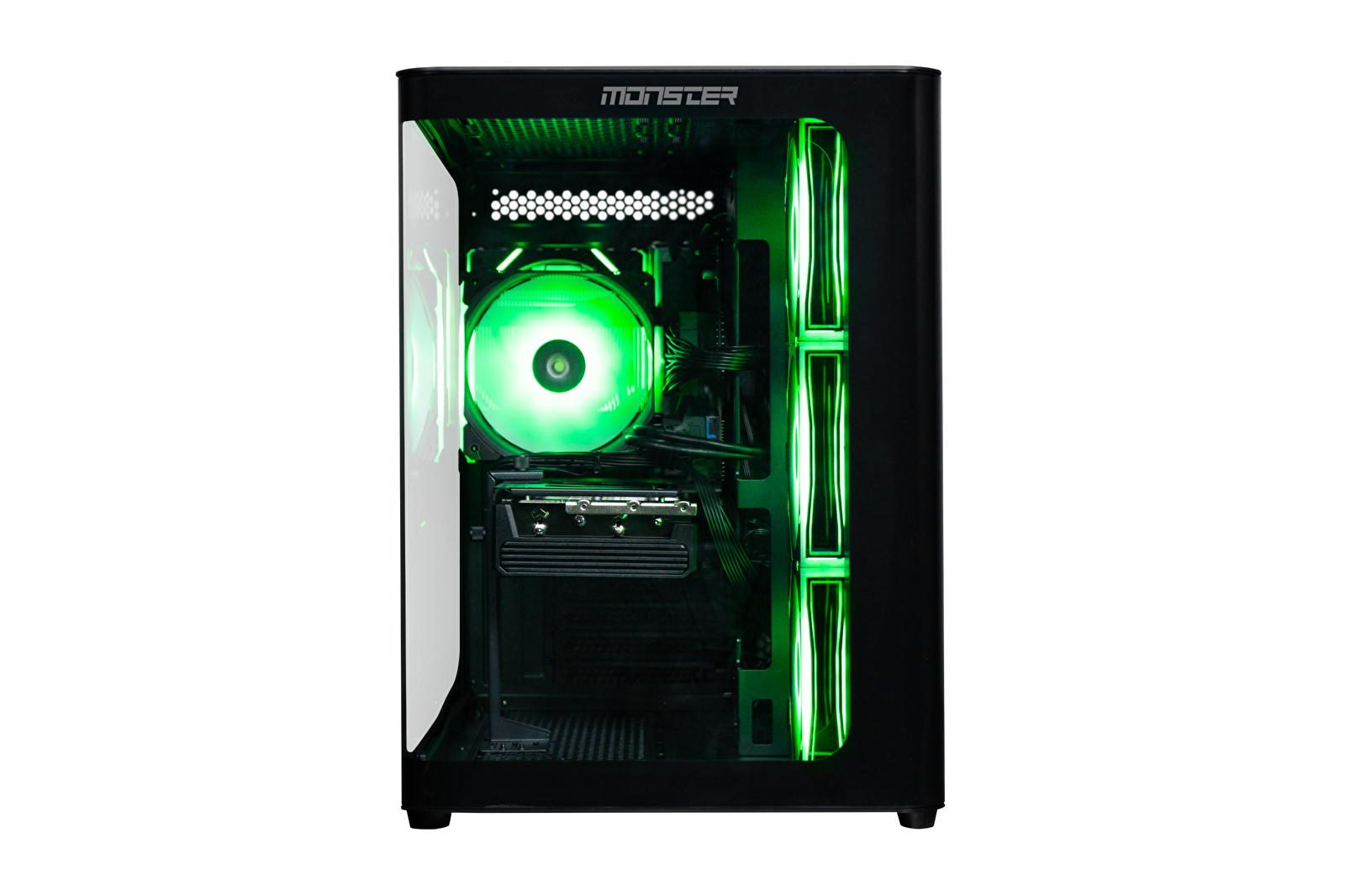 Yeşil iç aydınlatmalı siyah PC kasası.