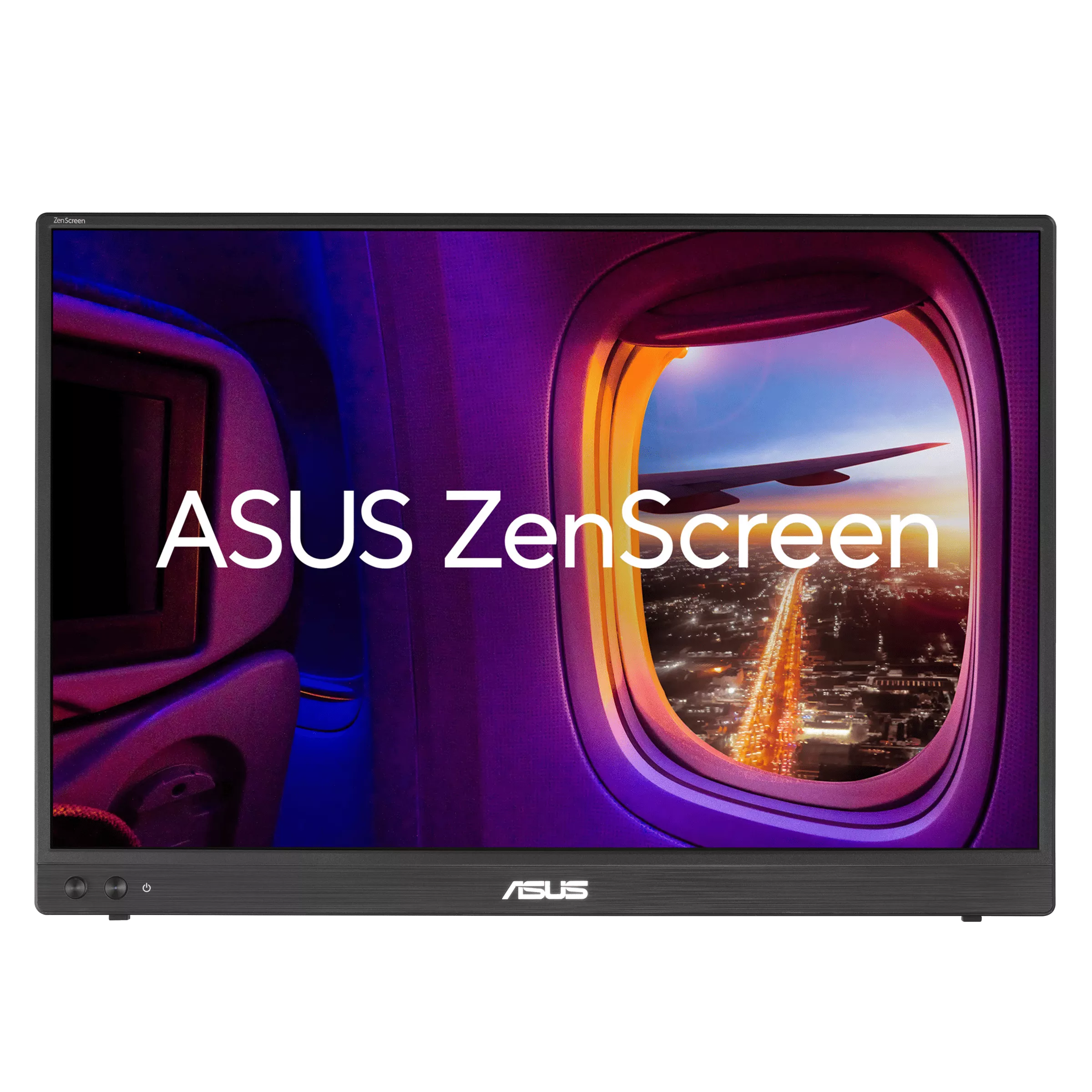 ASUS ZenScreen monitor repülőgép ablak kilátás város éjjel.