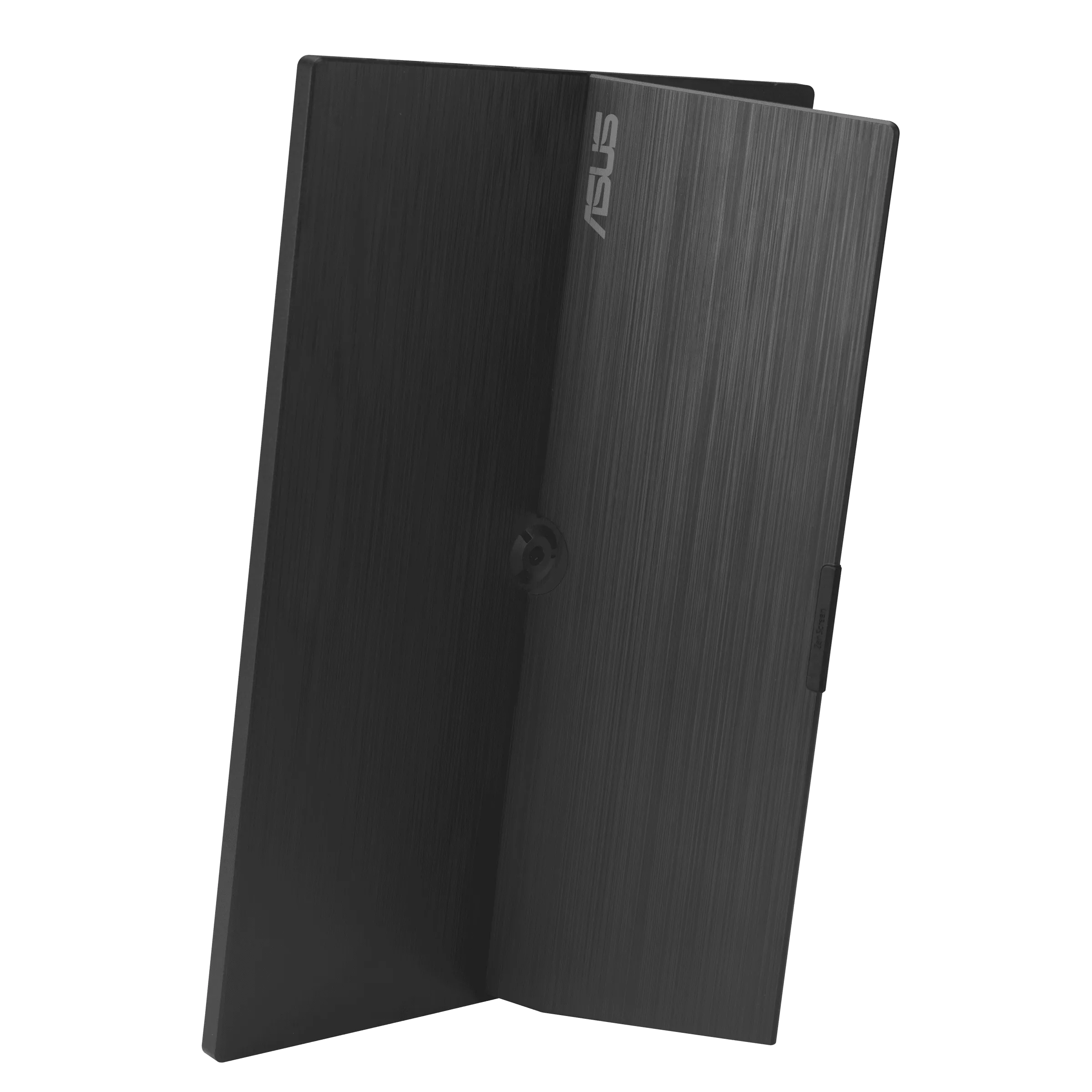 Sötétszürke ASUS laptop szálcsiszolt fém felülettel, félig nyitva.