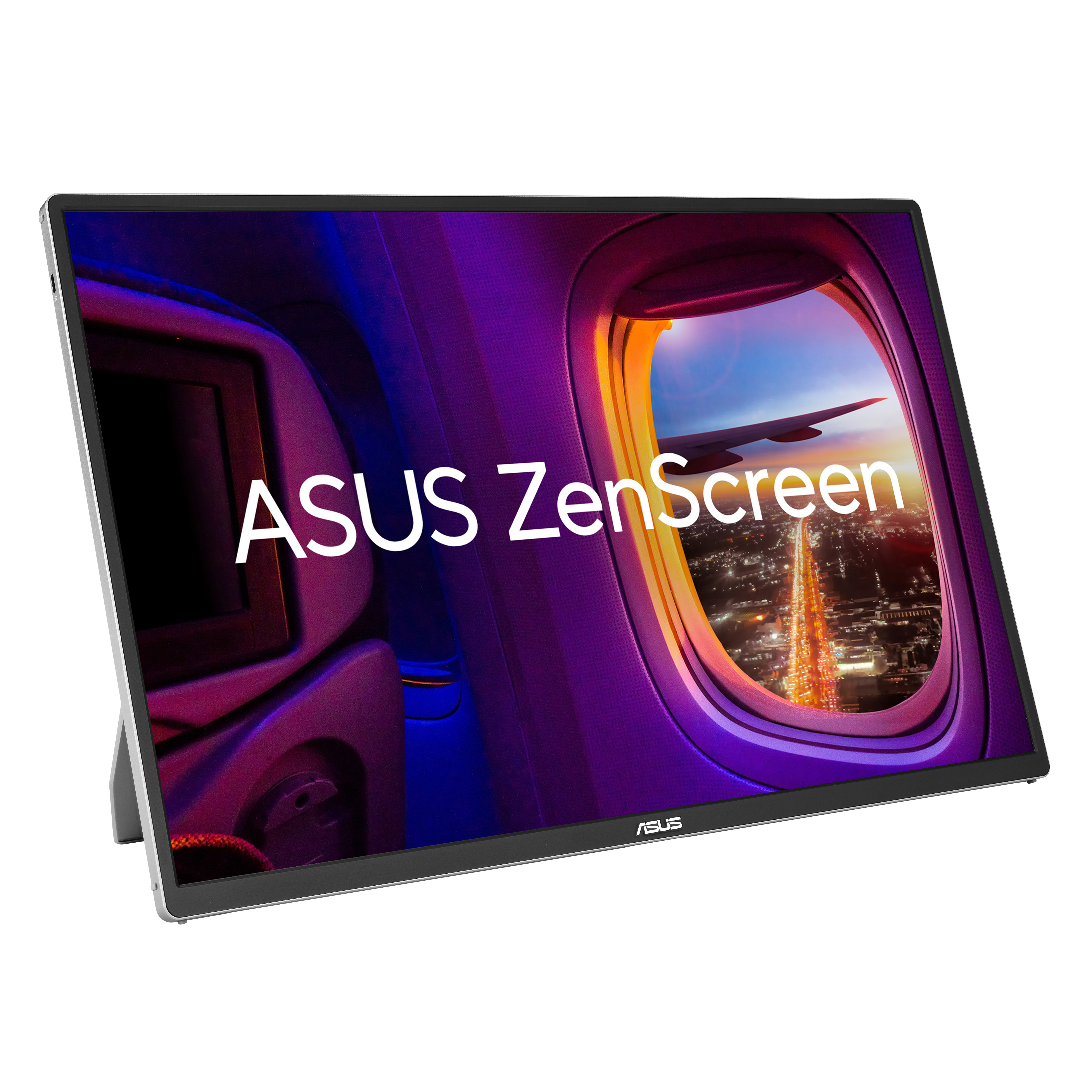 Egy ASUS ZenScreen laptop repülőgép ablakából nézett városi éjszakai fényeket mutat.