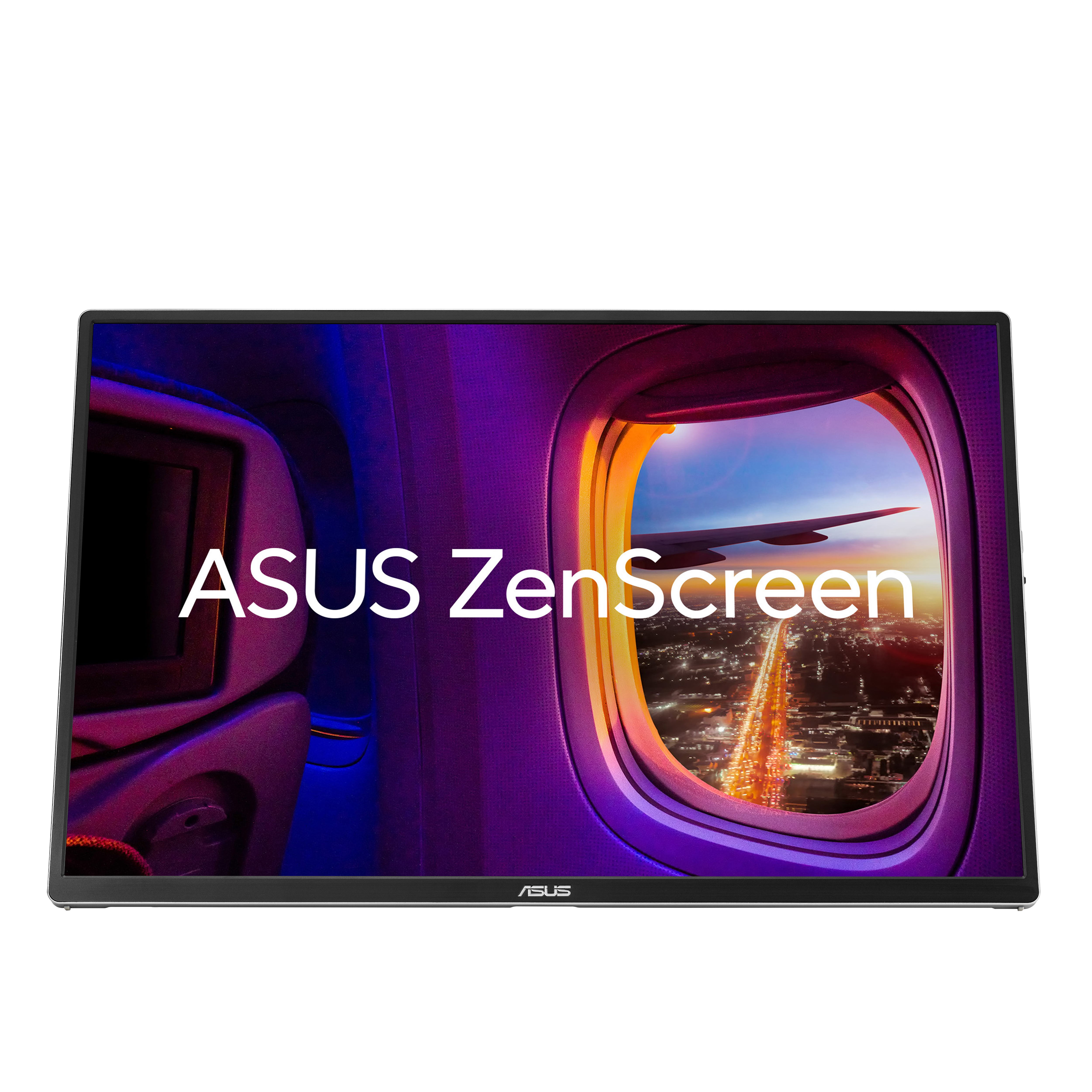 Monitor ASUS ZenScreen logóval, repülőgép ablakból nézett város éjjel.
