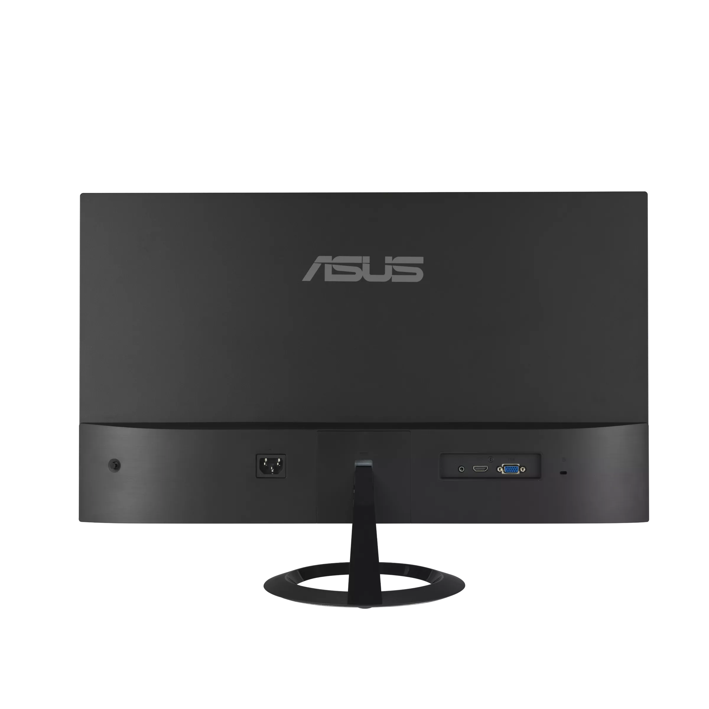 Fekete ASUS monitor hátulja csatlakozókkal és állvánnyal.