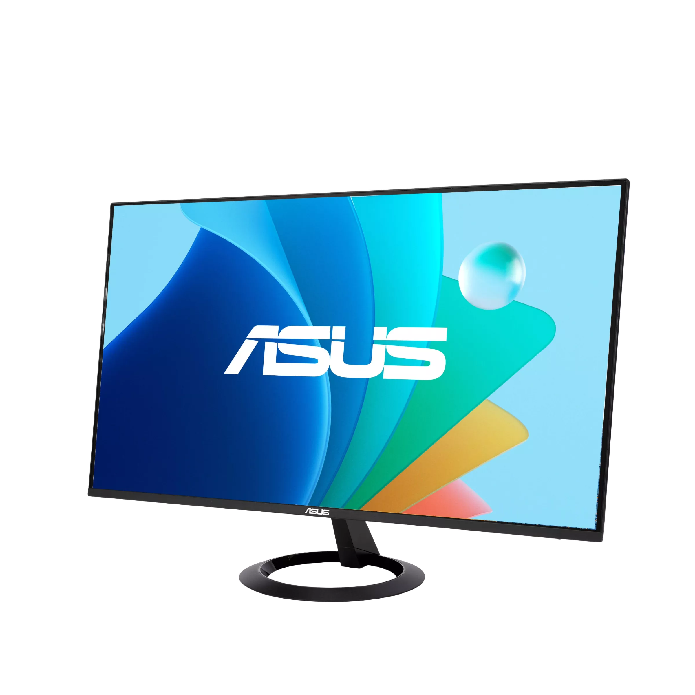 Egy fekete ASUS monitor színes, absztrakt háttérrel.