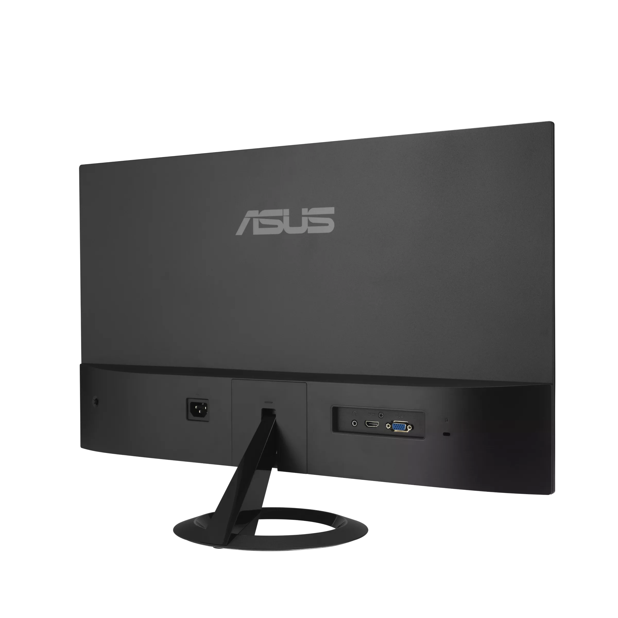 Fekete ASUS monitor hátulja csatlakozókkal és állvánnyal.