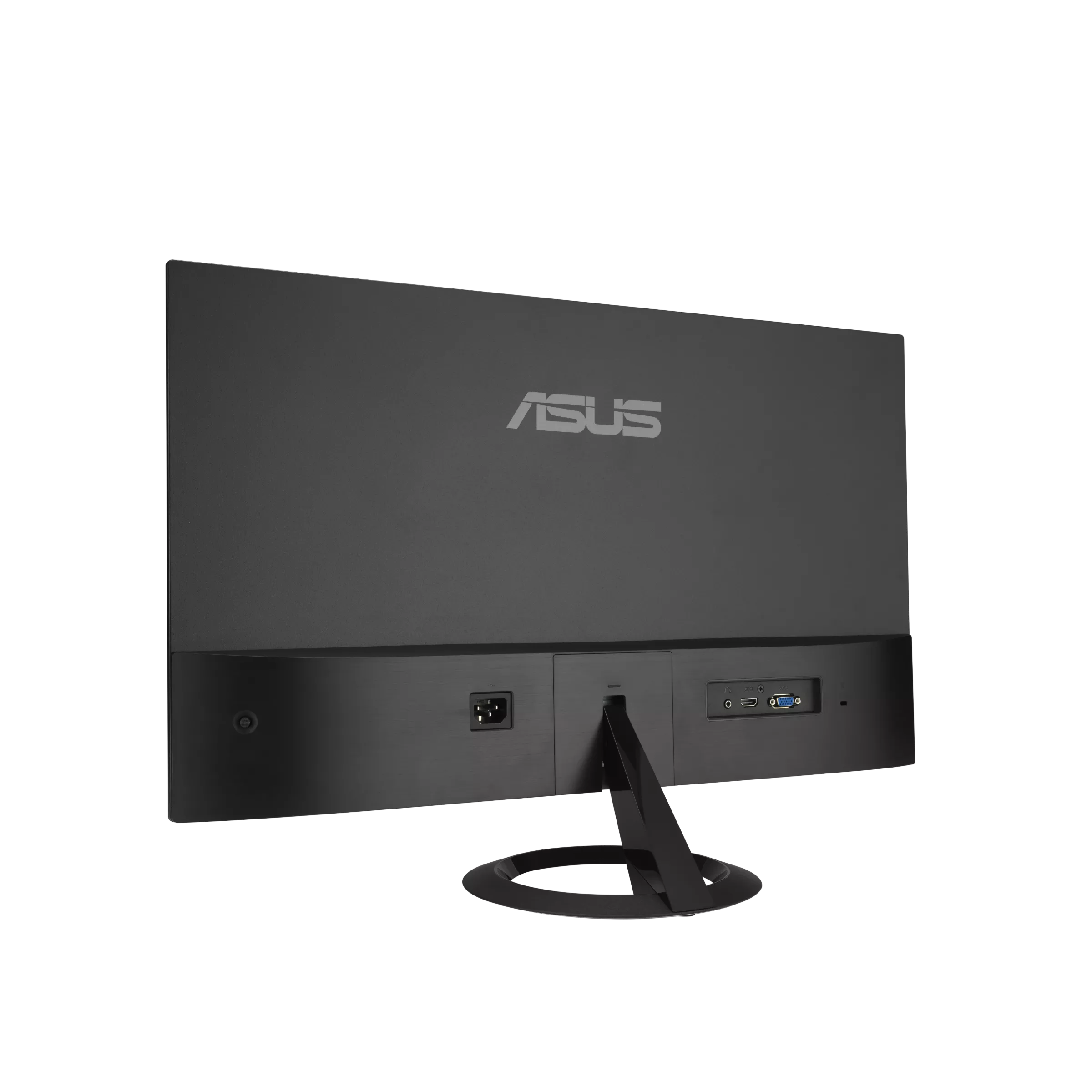 Fekete ASUS monitor hátulja portokkal és állvánnyal. Minimalista dizájn.
