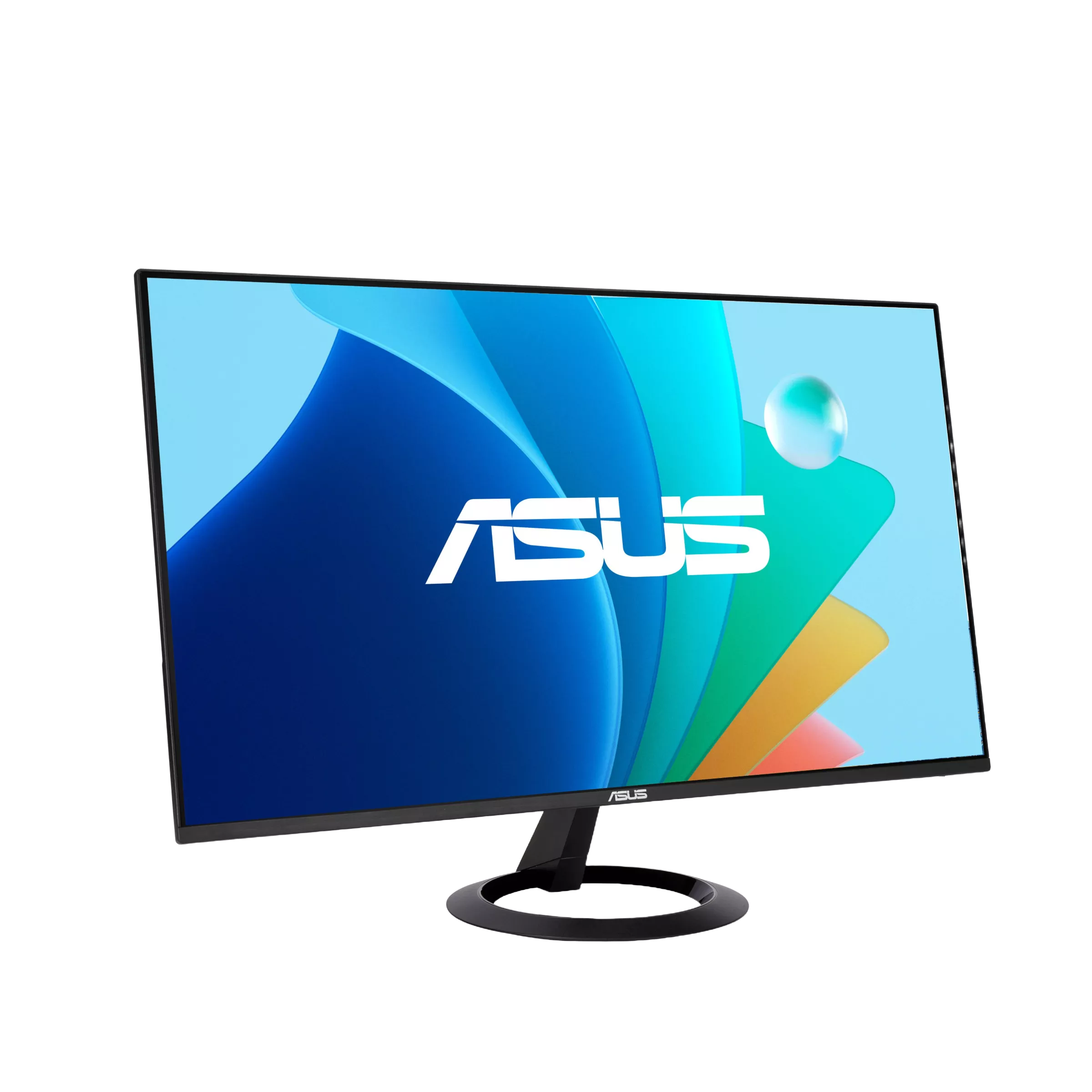 Fekete ASUS monitor színes hullám grafikus háttérrel és ASUS logóval.