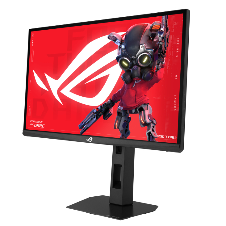 Egy monitor piros ROG grafikát és fegyvert tartó rajzfilmfigurát jelenít meg.